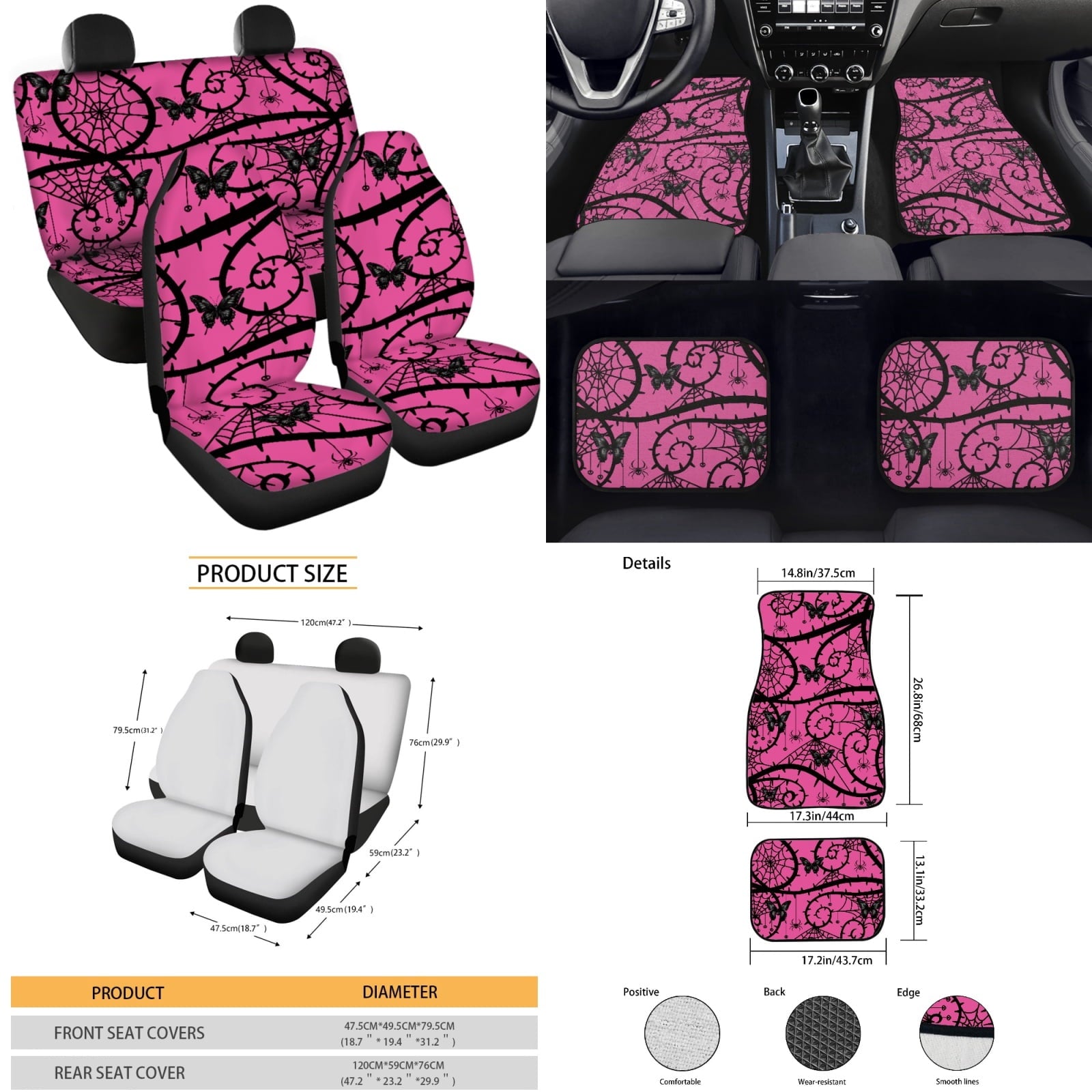 Yuyamidu Pink Gothic Car Accessories Sets Butterfly Car Seat Covers Car Floor Mats Steering Wheel Cover Seatbelt Shoulder Pad Handbrake Cover Gear Shift Knob Cover Coasters 15 PCS