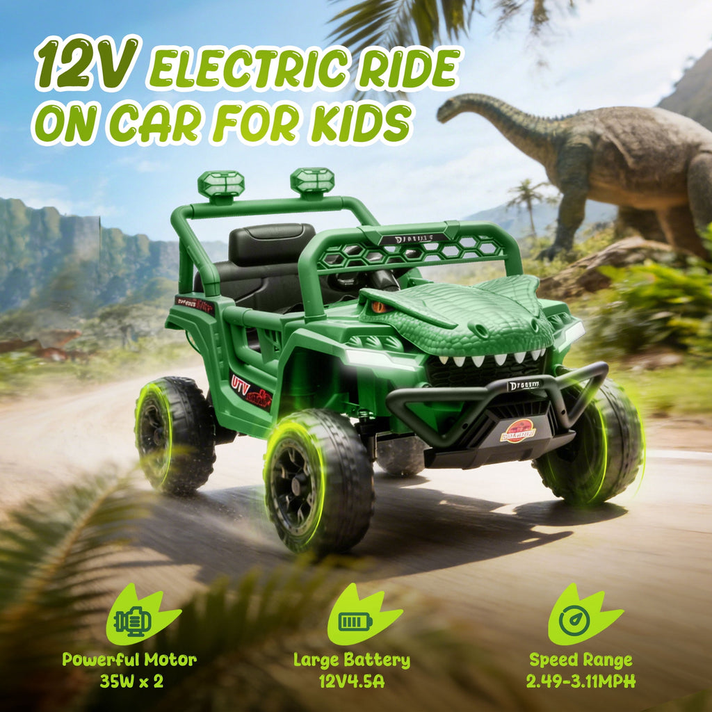 12V Ride On Cars for Kids, Kids Ride on Toys with Remote Control, Dinosaur Kids UTV Cars, 4 Wheel Suspension Electric Vehicle with Bluetooth, Music, LED, Ideal Gift for Boys Girls 2-4, Green