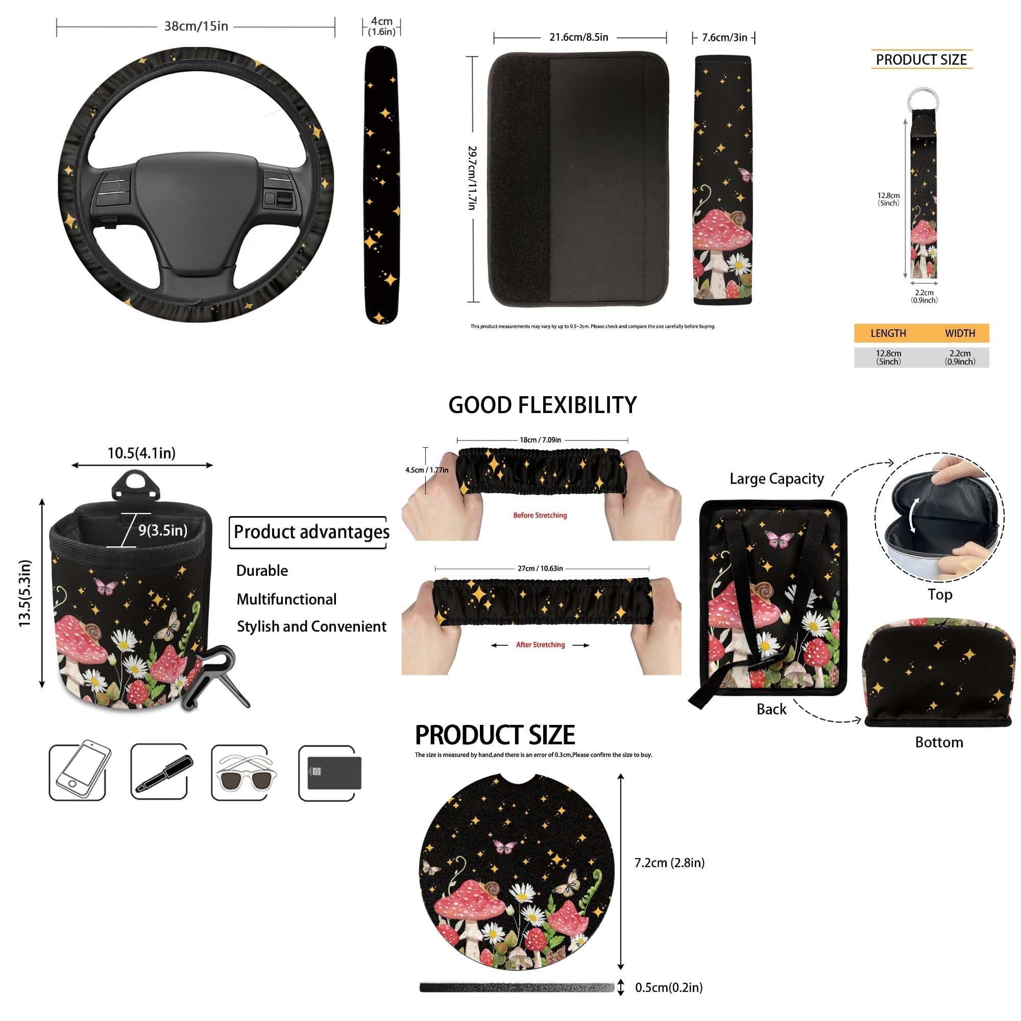 Yuyamidu Mushroom Car Seat Cover Set of 15 Daisy Steering Wheel Cover Seat Belt Covers Trash Bag Air Vent Holder Rear View Mirror Cover Cup Coasters Key Chain Auto Interior Accessories