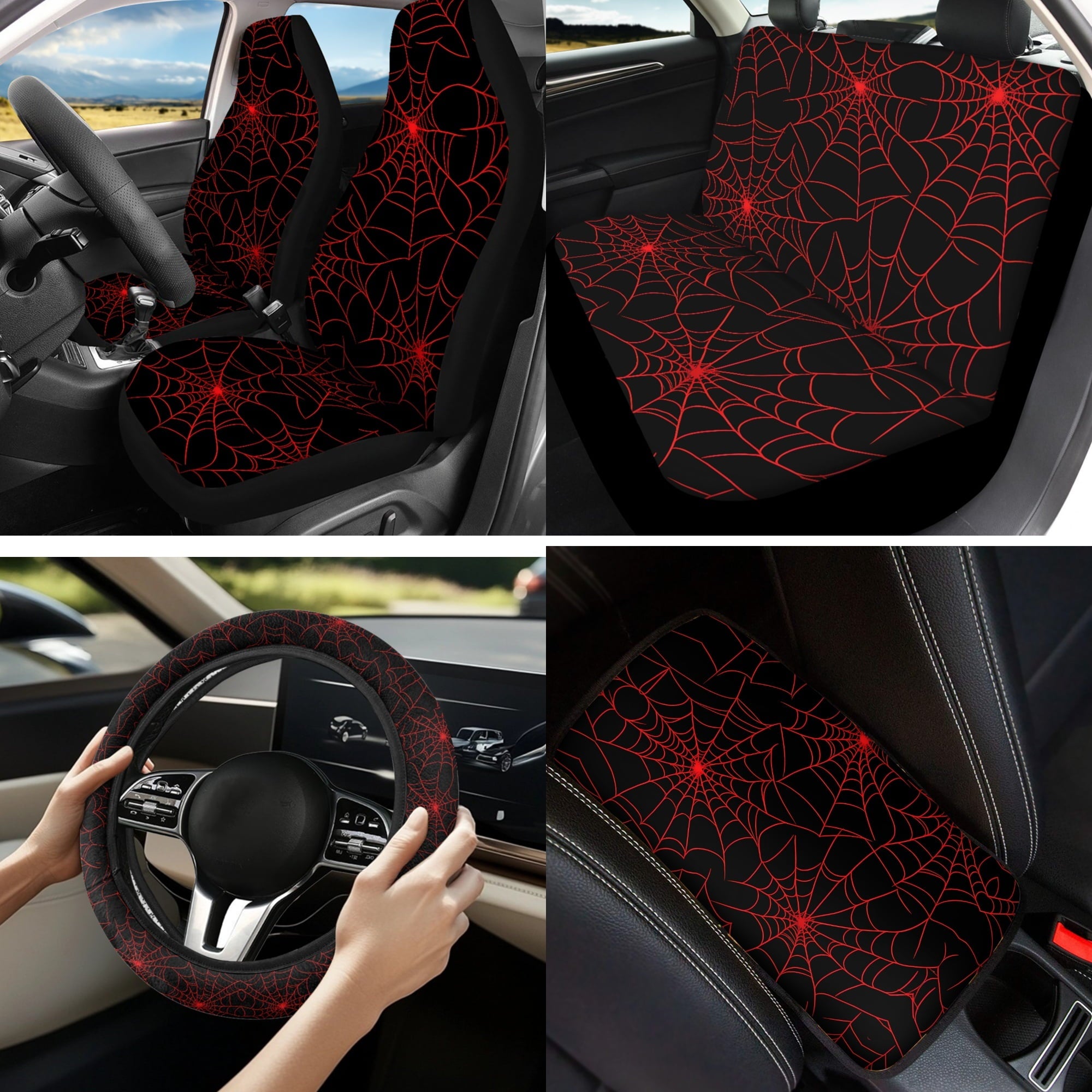 Jeiento Spider Web 13 Pack Car Seat Cover Set for Front and Rear, Auto Interior Accessories Full Set for Women Men Red Car Seat Protective Universal Fits for Cars, SUV, Truck, Sedan, Van
