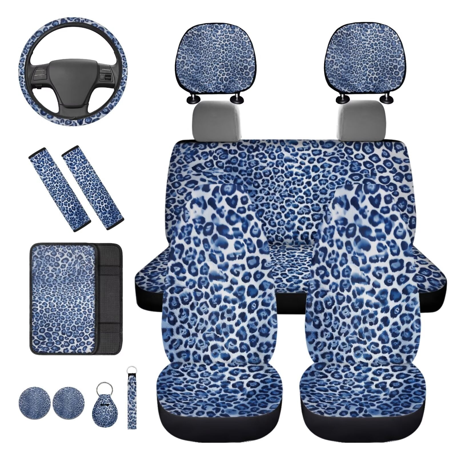 HUIACONG Blue Leopard Print Seat Covers for Cars for Women Full Set 14 Pcs Ca Seat Cover with Steering Wheel Cover Center Console Cover Seat Belt Covers Coasters Headrest Cover Keychain Universal Fit