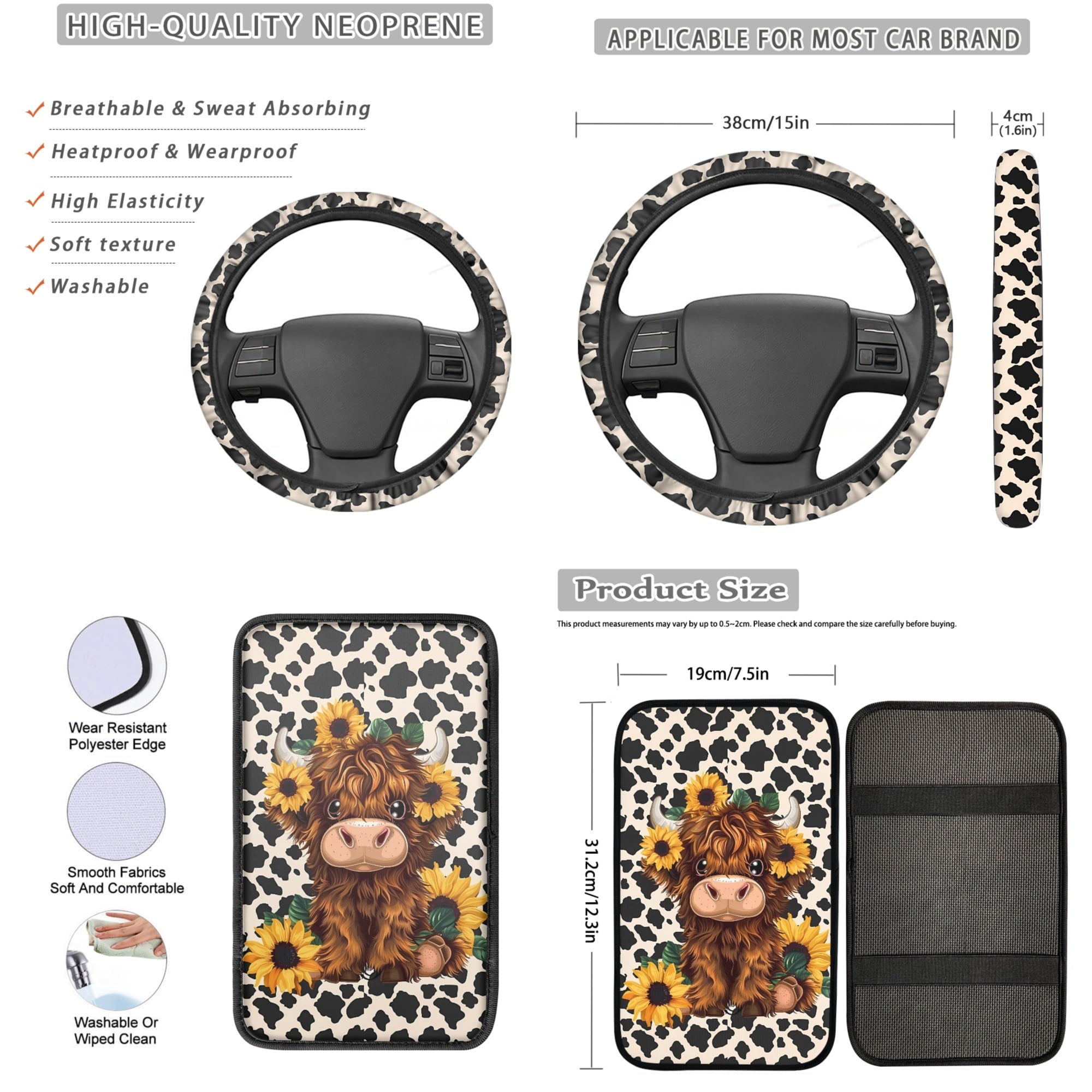 Jeiento Highland Cow Car Accessories 13pcs Car Seat Covers and Steering Wheel Cover Sunflower Seat Belt Pad Cover Auto Armrest Cover Cushion Keychain Cup Holders