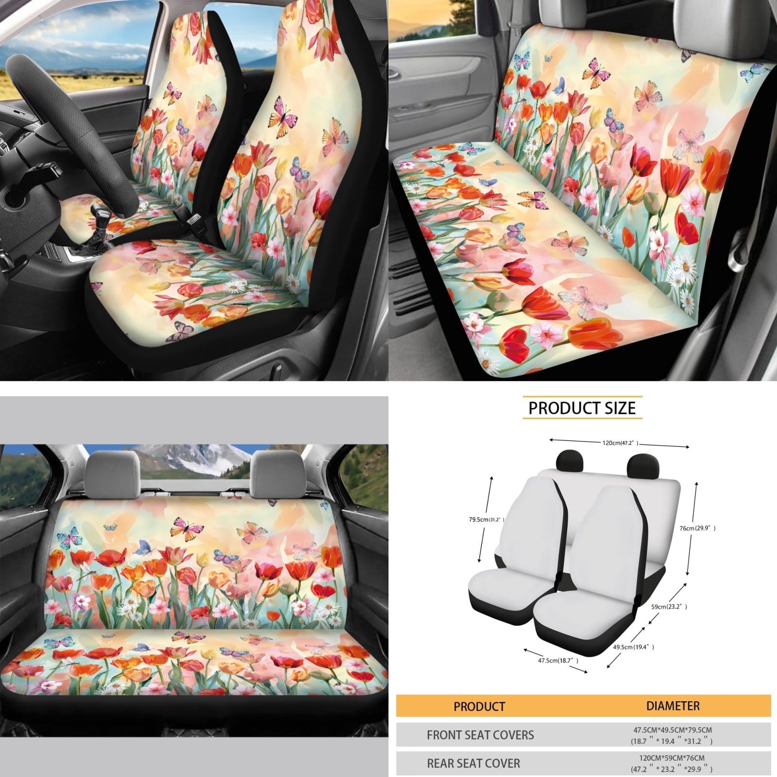 Yuyamidu 16 PCS Car Seat Cover Set with Steering Wheel Cover Tulip Seat Belt Strap Pad Butterfly Cup Holder Rear View Mirror Cover Keychain Gear Shift Knob Cover Car Shade for Front Windshield