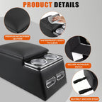 Universal Truck Seat Organizer with Cup Holders, Rear Bench Seat Center Consoles with Armrest Middle Storage Box, Padded Top Lid for Armrest, Black