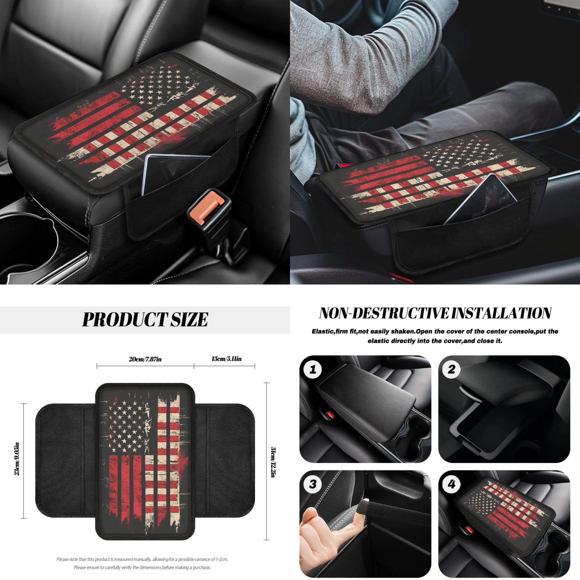Jeiento American Honoring Firefighter Flags Car Front Back Seat Covers 14 PCS Set with Steering Wheel Cover Seatbelt Pad Trash Can Armrest Cover Rearview Mirror Cover Handbrake Cover Set Coasters