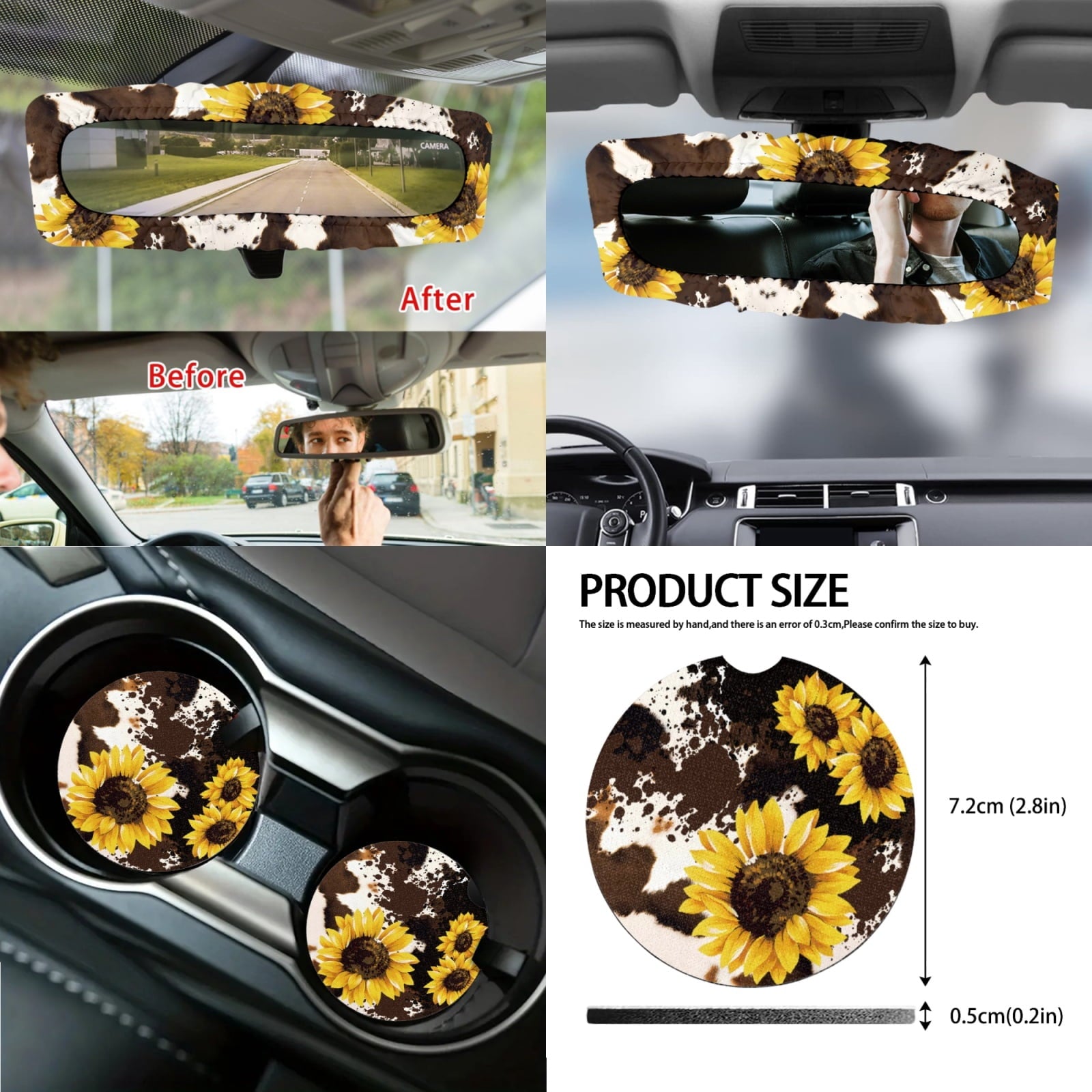 Yuyamidu Sunflower Car Seat Covers Brown Cow Print Steering Wheel Cover Seat Belt Strap Pad Handbrake Cover Gear Shift Knob Cover Rubbish Bin Armrest Pad Rearview Mirror Cover Coasters, Set of 14