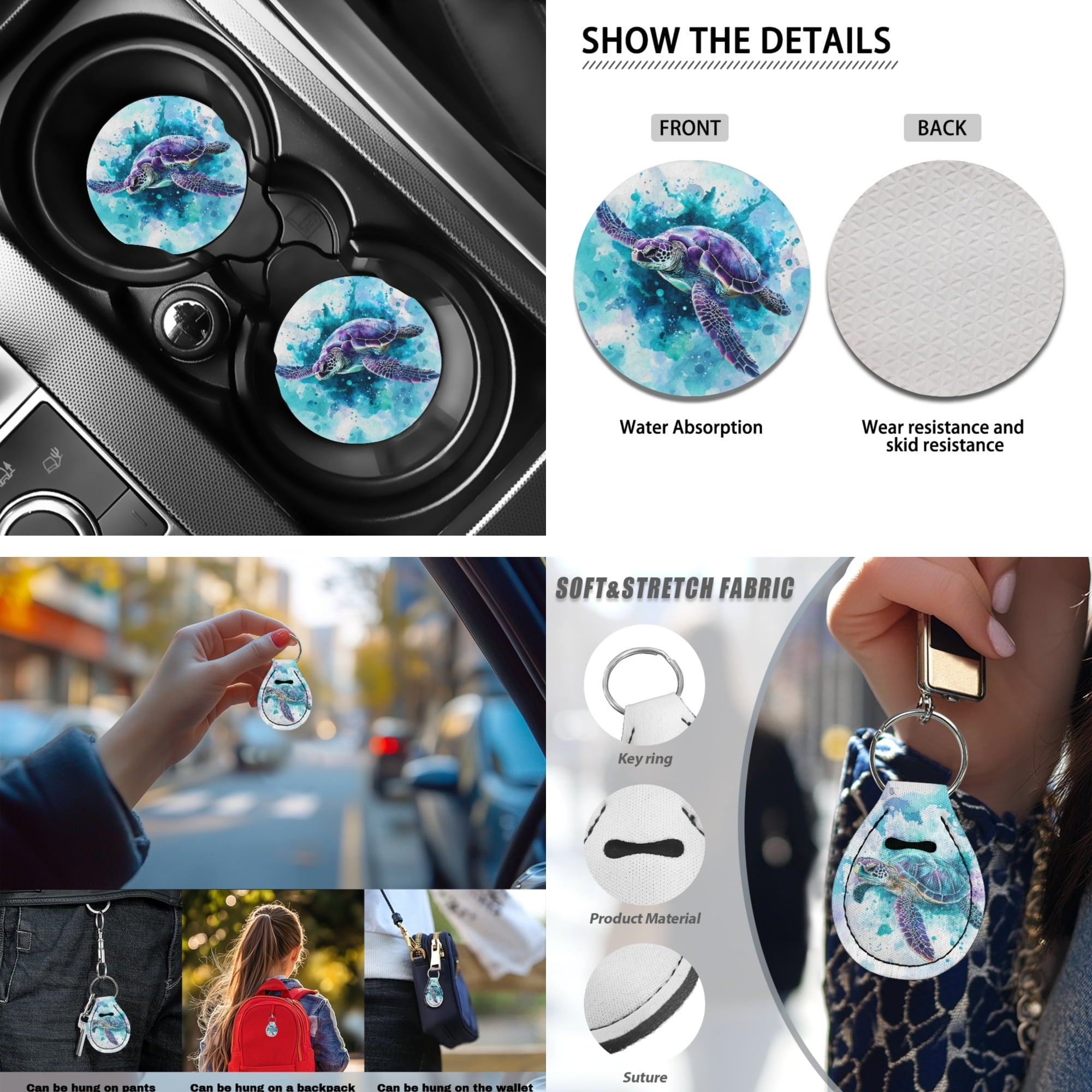 Jeiento 13 PCS Car Seat Cover Full Set, with Steering Wheel Cover Seat Belt Strap Cover Armrest Cushion Cup Coaster Keychain Lipstick Holder Watercolor Sea Turtle Auto Decor Fit for SUV Van Sedan