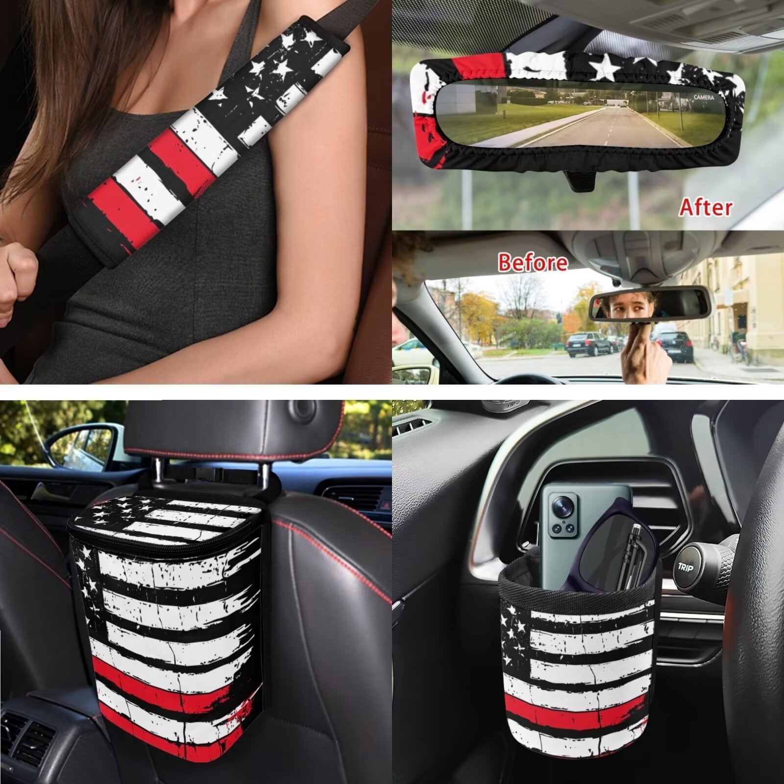 KUIFORTI American Flag Car Seat Covers,Breathable Automotive Seat Covers for Cars SUV Pick-up Truck Sedan,Universal Fit Anti-Slip Steering Wheel and Seat Belt Cover Set