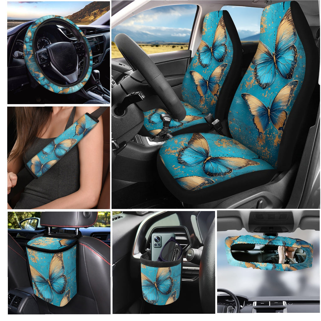 Yuyamidu Butterly Car Seat Cover Full Set of 15 Blue Steering Wheel Protector Auto Seatbelt Pads Cup Coaster Trash Bin Air Vent Storage Box Rear View Mirror Cover Coasters Keychain