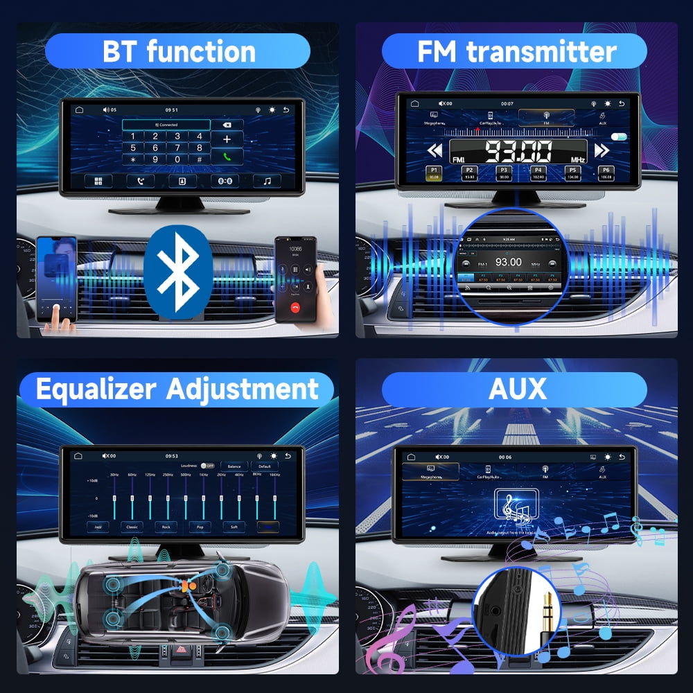 Podofo 10.26 inch Screen Wireless Carplay Android Auto Portable Smart Player Supports AirPlay Android Cast Support CVBS Camera Support Bluetooth Music