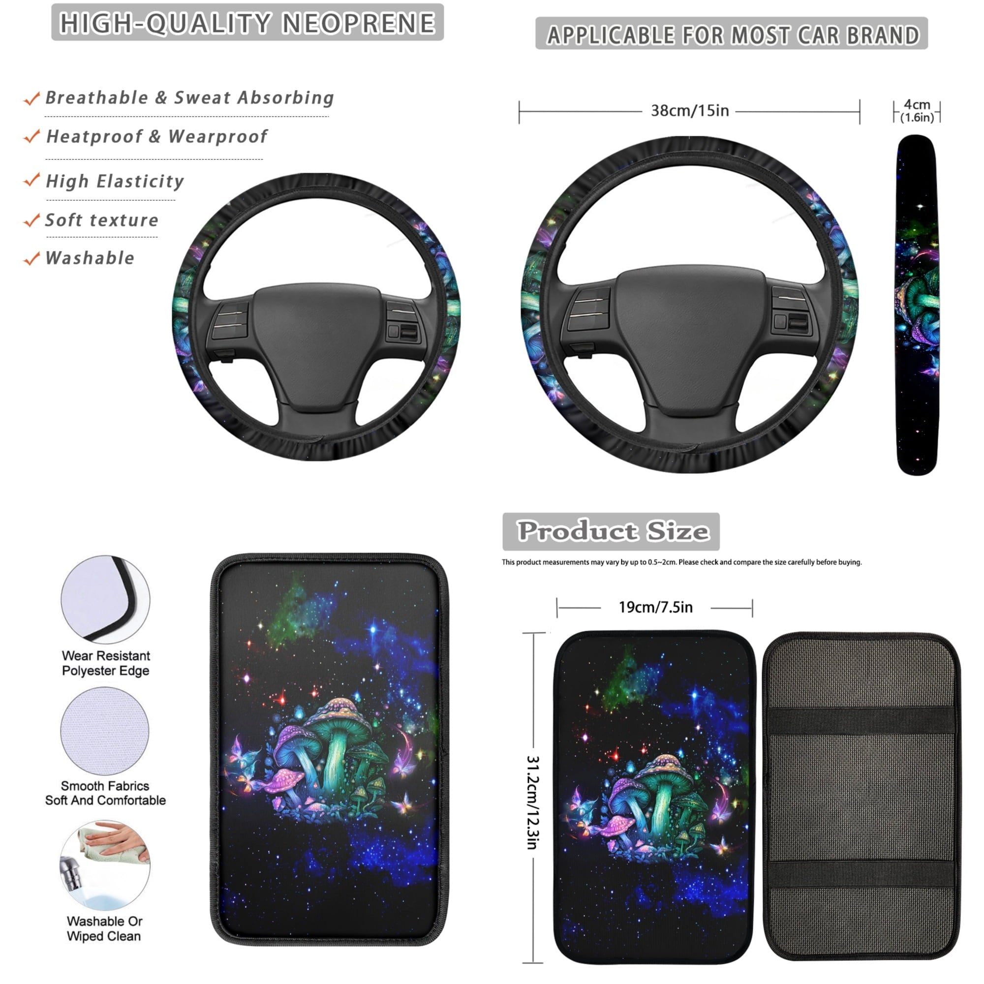 Jeiento Hippie Mushroom Car Seat Cover Full Set of 13 Steering Wheel Cover Seatbelt Pads Auto Armrest Cover Coasters Key Chain for Van SUV Sedan Truck