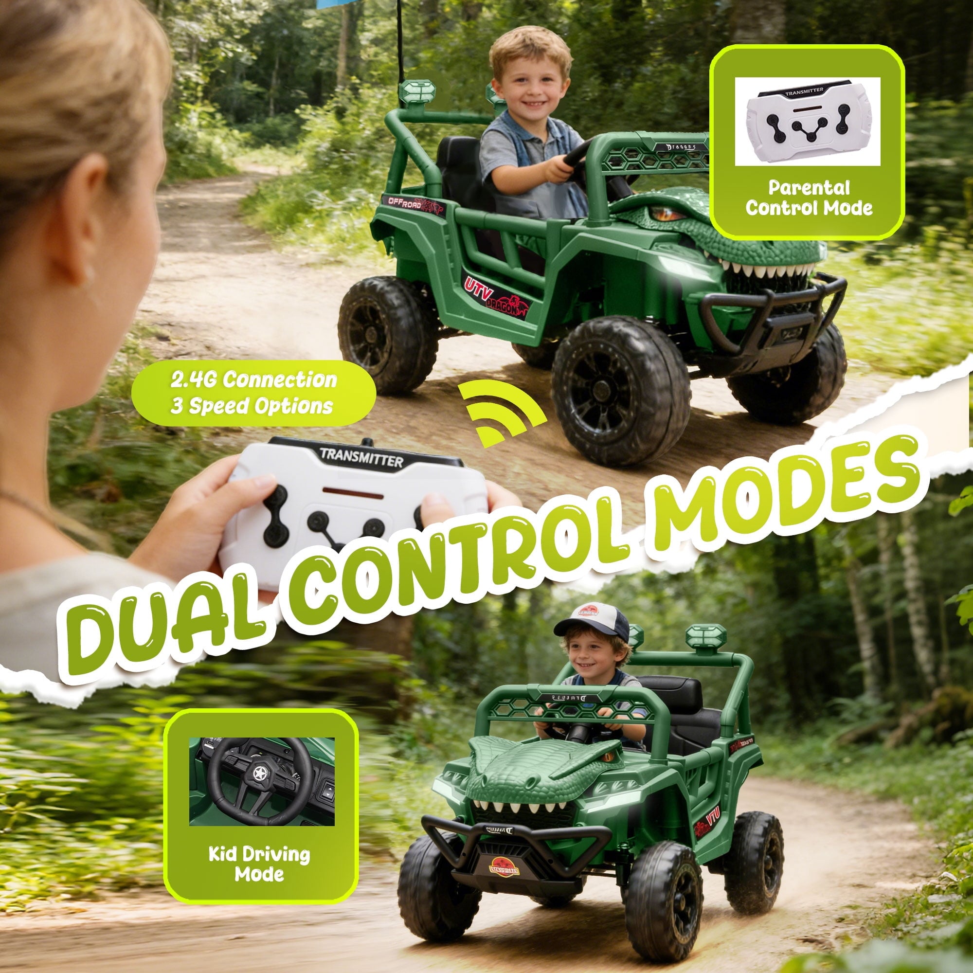 12V Ride On Cars for Kids, Kids Ride on Toys with Remote Control, Dinosaur Kids UTV Cars, 4 Wheel Suspension Electric Vehicle with Bluetooth, Music, LED, Ideal Gift for Boys Girls 2-4, Green