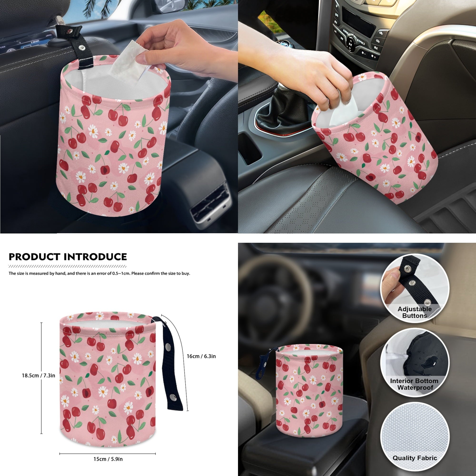 Yuyamidu 14 PCS Cherry Car Seat Covers Set with Steering Wheel Cover Daisy Seat Belt Covers Trash Bin Rear View Mirror Cover Pink Car Armrest Cover Cushion Coasters Gear Shift Knob Cover
