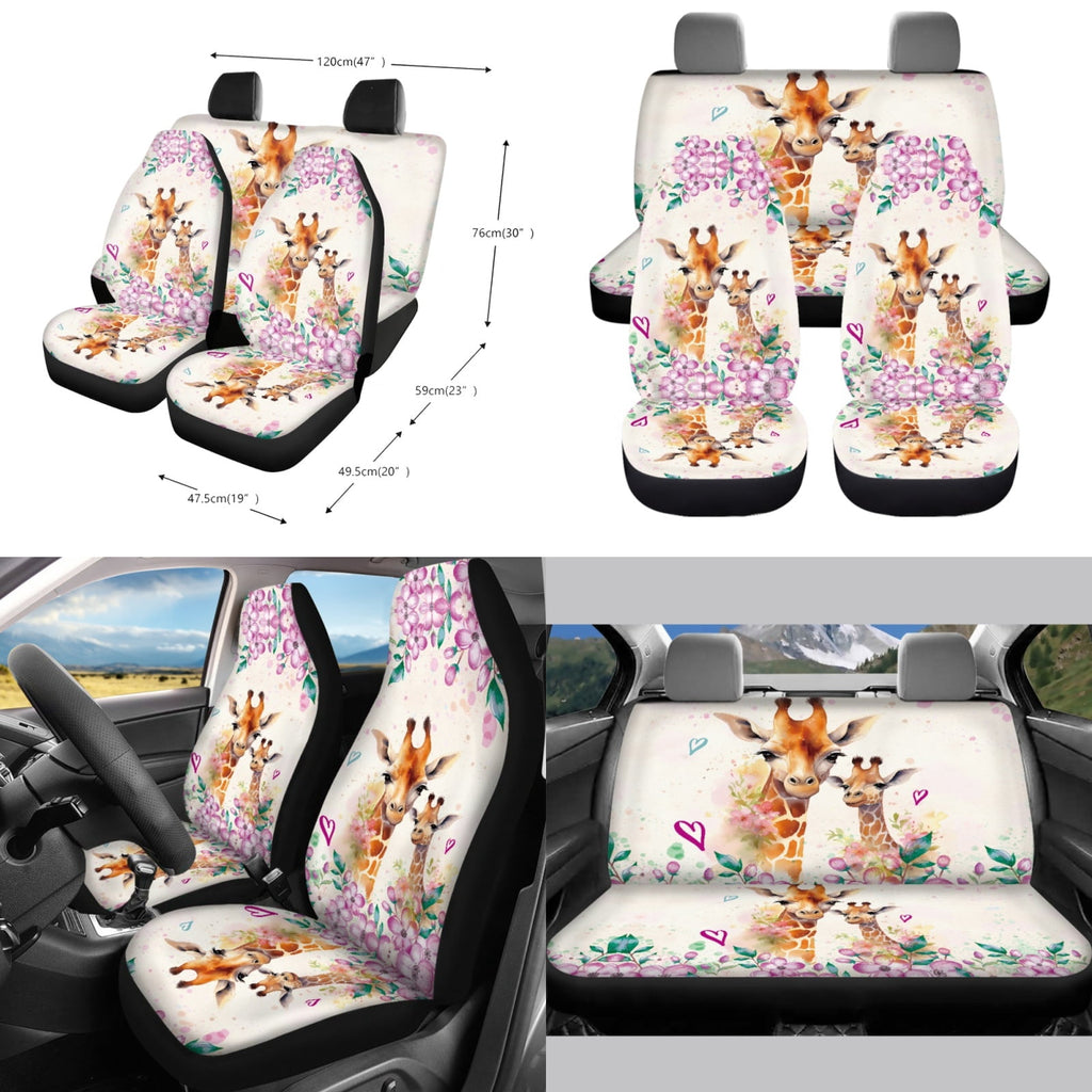 FORUDESIGNS Giraffe Flower Print Car Seat Covers Full Sets of 10 Washable Front Rear Seat Covers, Vehicle Trash Bin, Steering Wheel Cover, Air Vent Storage, Cup Coasters, Keychain for Auto Interior