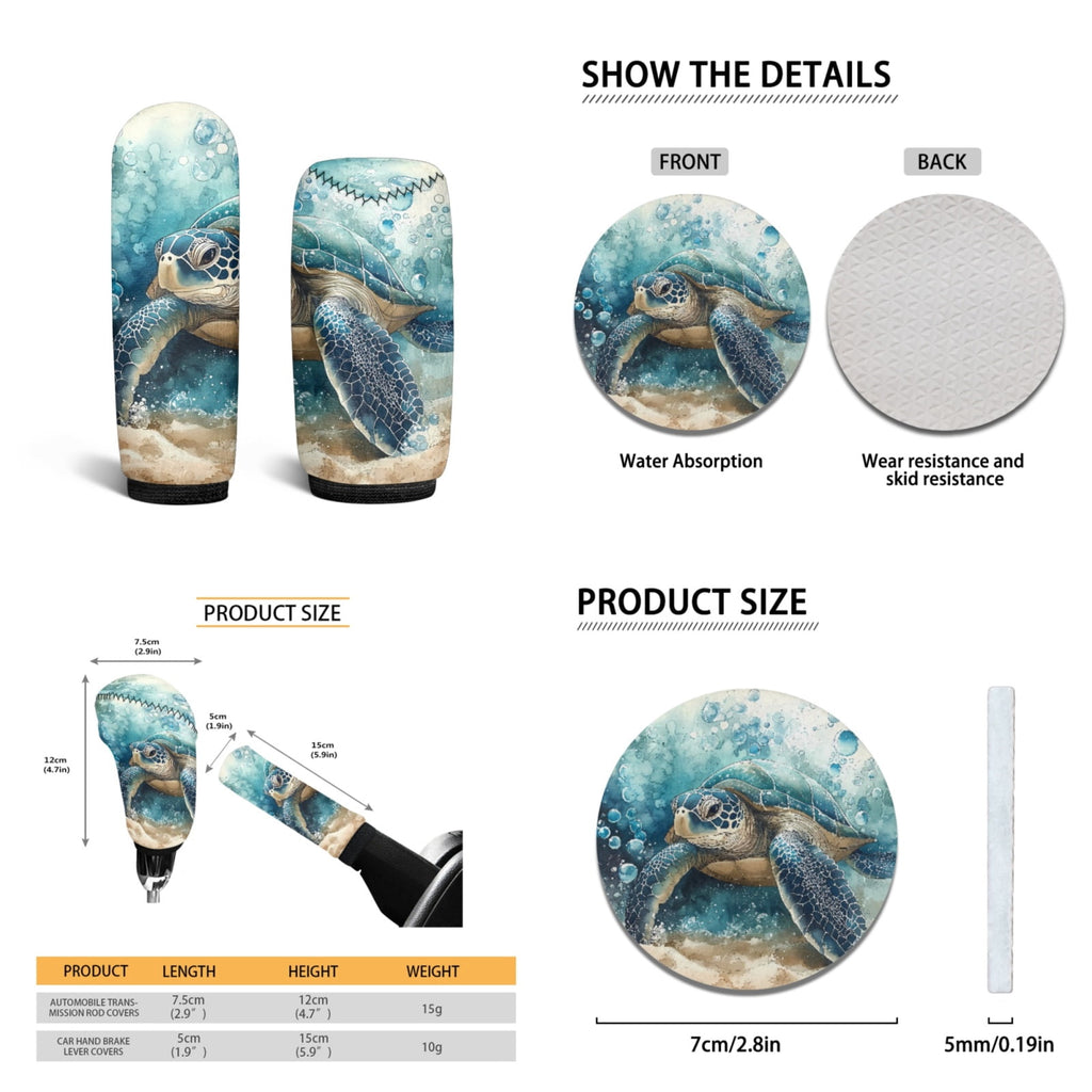 Yuyamidu Sea Turtle Car Seat Covers Full Set with Carpet Mats Blue Steering Wheel Cover Safe Belt Pads Handbrake Cover Set Coasters Fit for SUV Van, 15 Pack