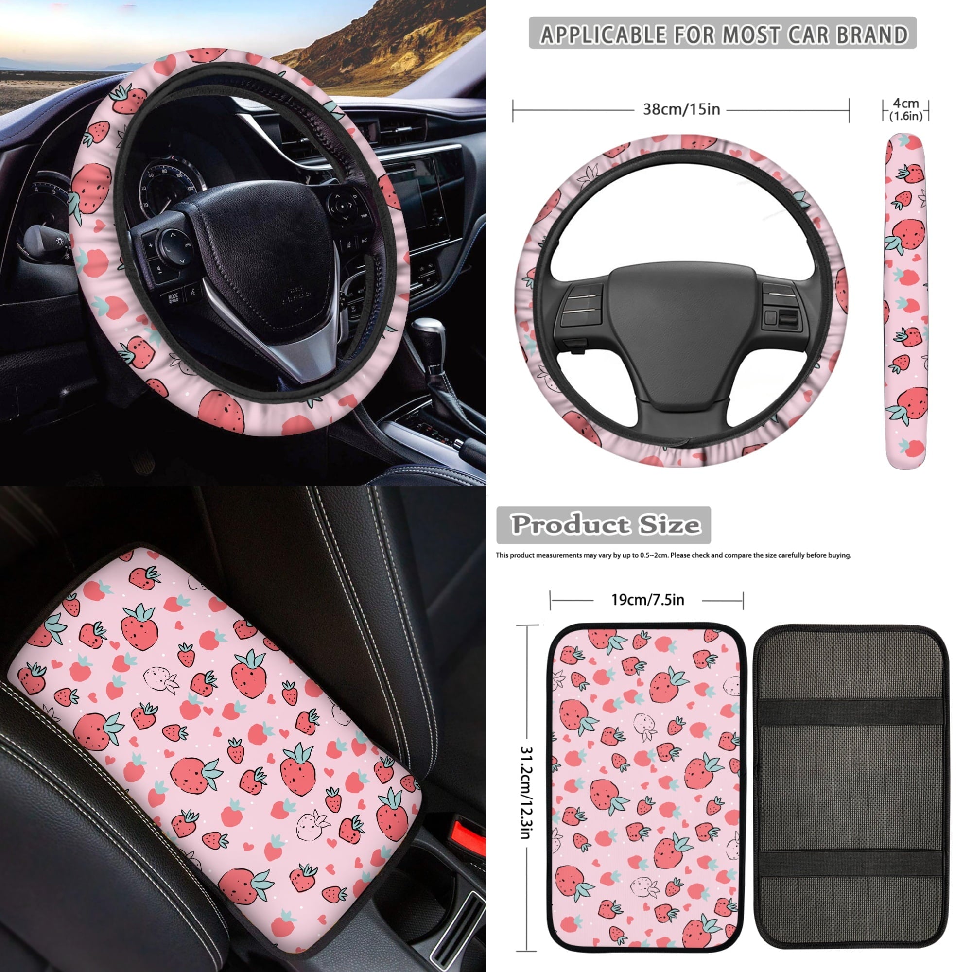 Jeiento Pink Strawberry Car Accessories Full Set for Women, Automotive Vehicle Seat Cover, Decorative Car Floor Mat Steering Wheel Cover Center Console Pad Universal Fit for SUV Van Truck Sedan