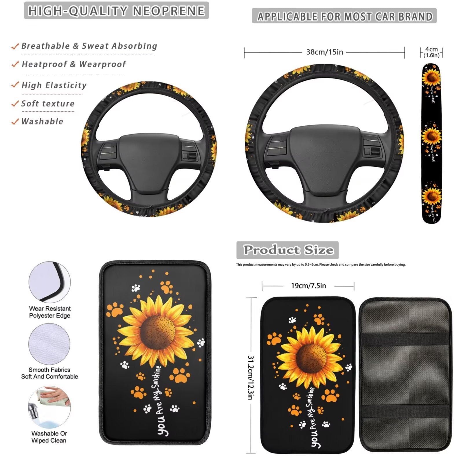 Garronmavis Sunflowers 13 Pieces Seat Cover Set Includes Seat Belt Cover Steering Wheel Cover Car Armrest Pad Coaster Keychain Lipstick Cover Car Cover for Women