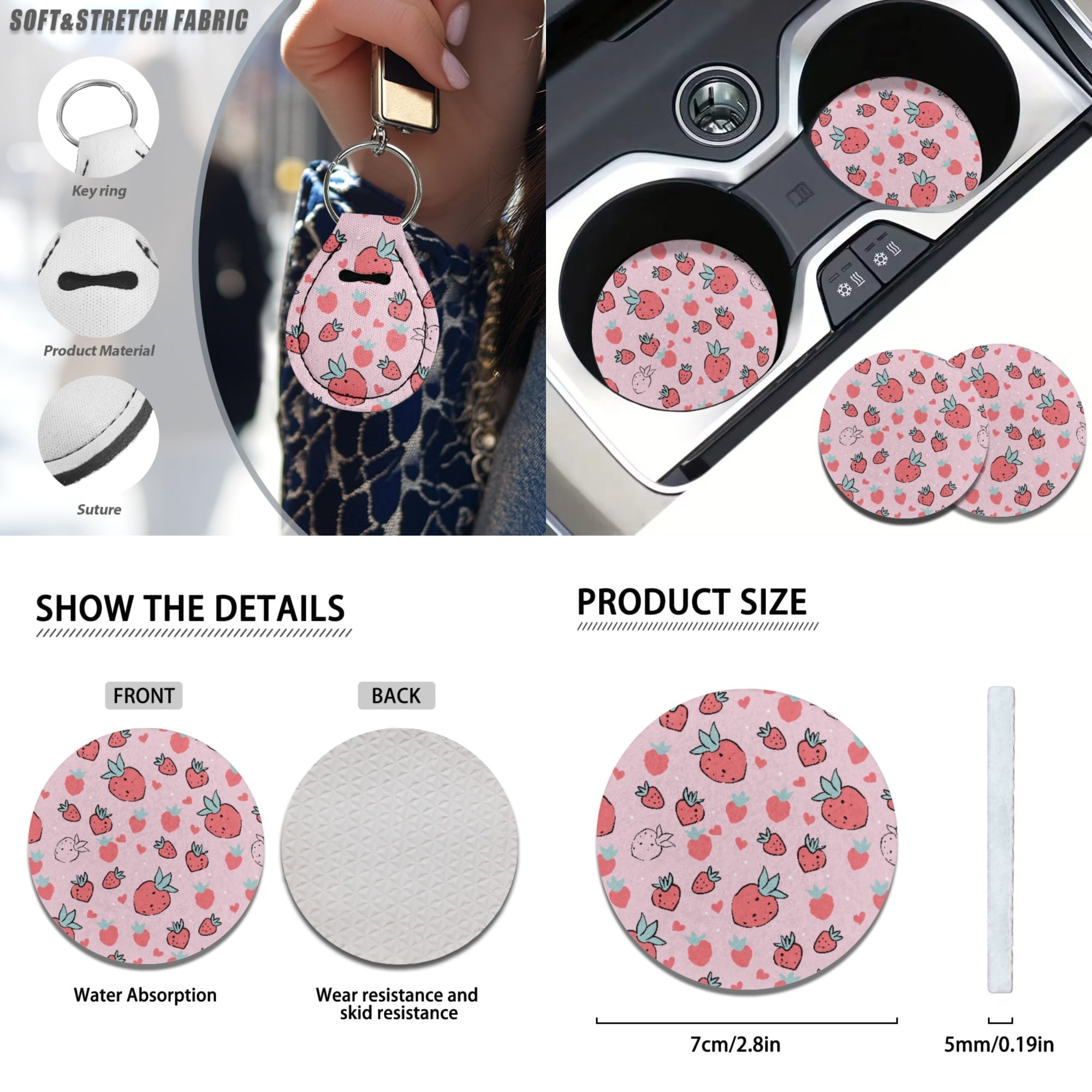 Jeiento Pink Strawberry Car Accessories Full Set for Women, Automotive Vehicle Seat Cover, Decorative Car Floor Mat Steering Wheel Cover Center Console Pad Universal Fit for SUV Van Truck Sedan