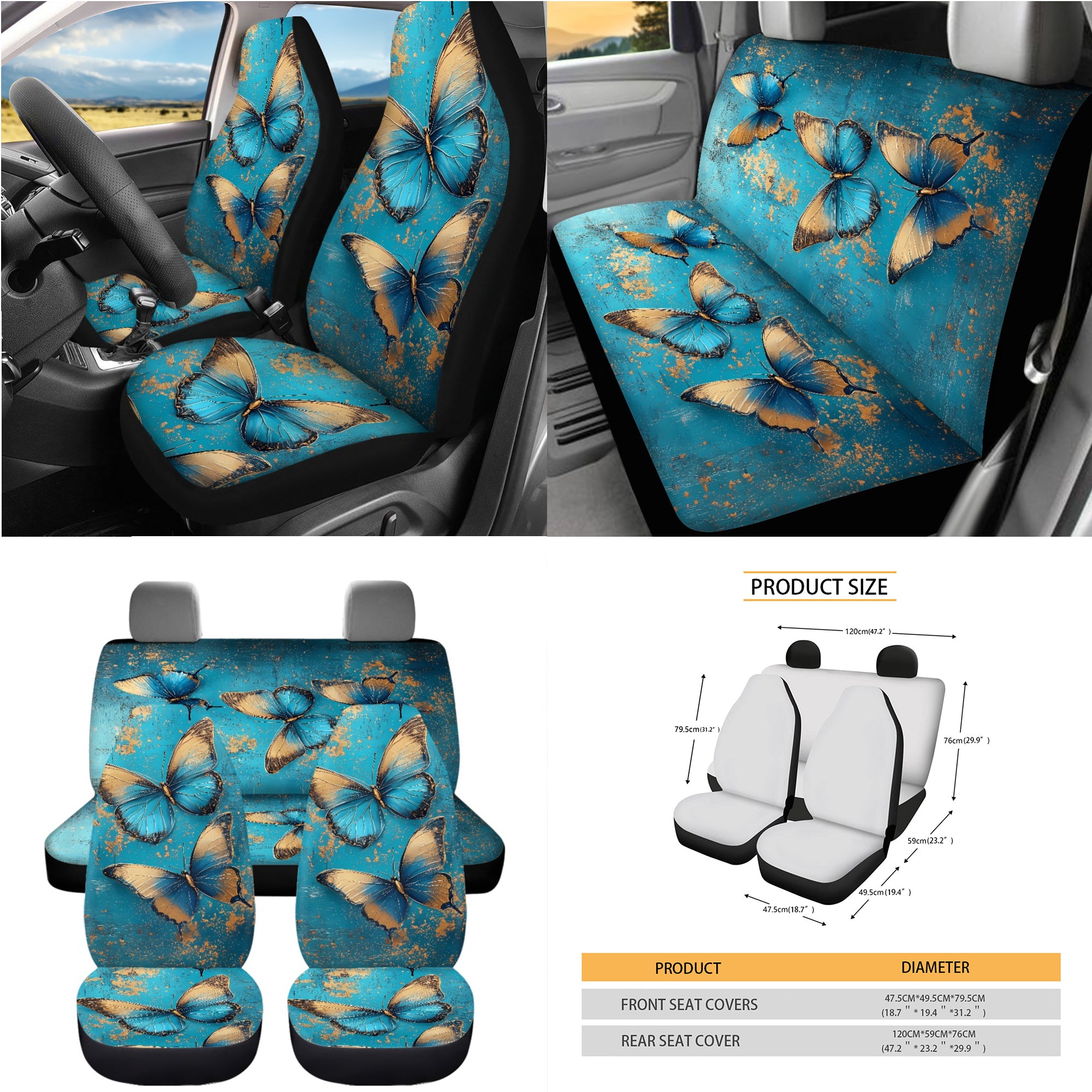 Yuyamidu Butterly Car Seat Cover Full Set of 15 Blue Steering Wheel Protector Auto Seatbelt Pads Cup Coaster Trash Bin Air Vent Storage Box Rear View Mirror Cover Coasters Keychain