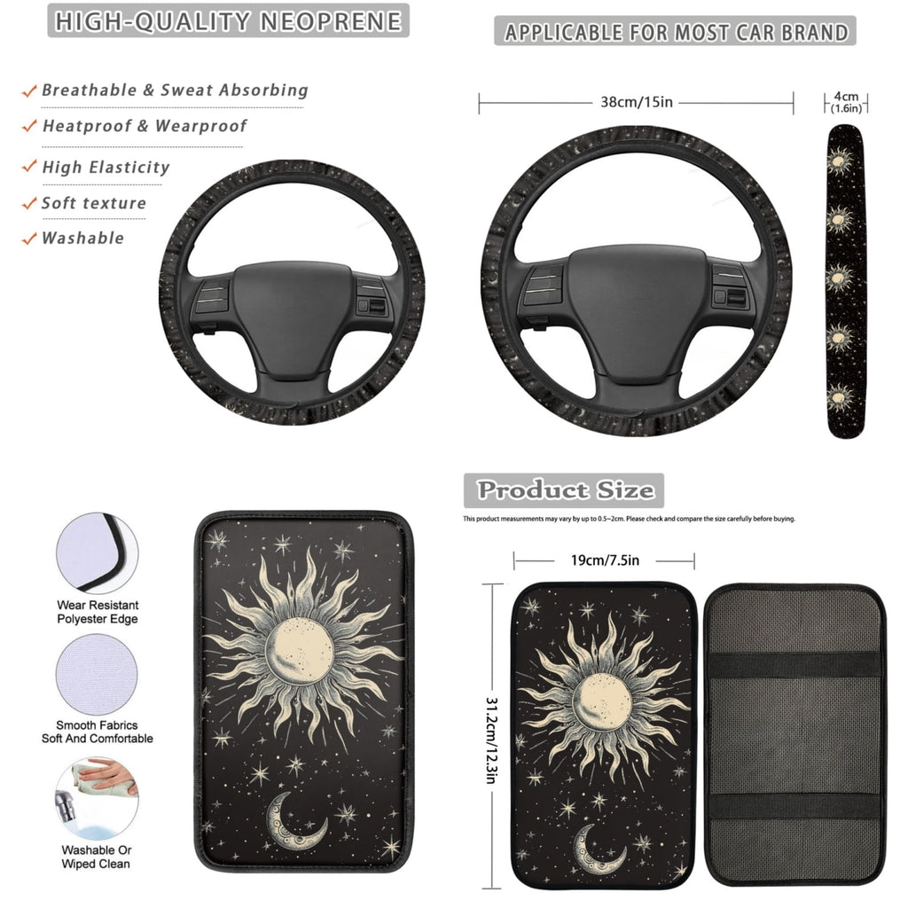 Yuyamidu Sun and Moon Car Seat Covers Full Set of 13 Black Steering Wheel Cover Safe Belt Pads Cup Holders Car Center Console Cover Lip Balm Holder Keychain Auto Interior Sets