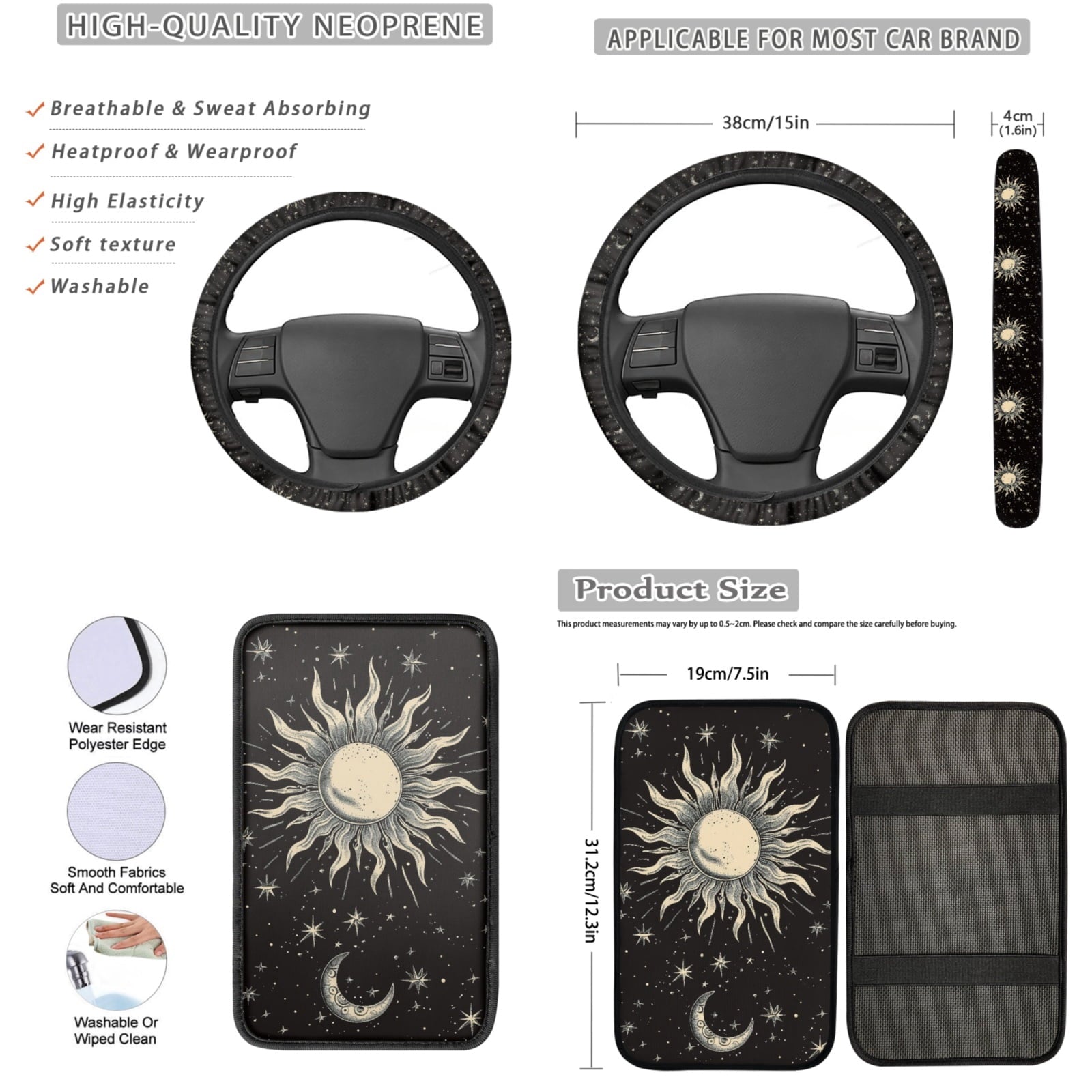 Yuyamidu Sun and Moon Car Seat Covers Full Set of 13 Black Steering Wheel Cover Safe Belt Pads Cup Holders Car Center Console Cover Lip Balm Holder Keychain Auto Interior Sets