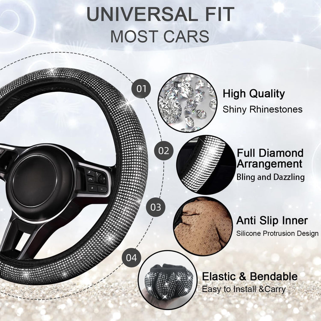DEA 12 Pcs Bling Car Accessories Set for Women Car Floor Mats Full Set Steering Wheel Cover Seat Belt Covers Coasters Universal Fit Car SUV Truck Van Silver