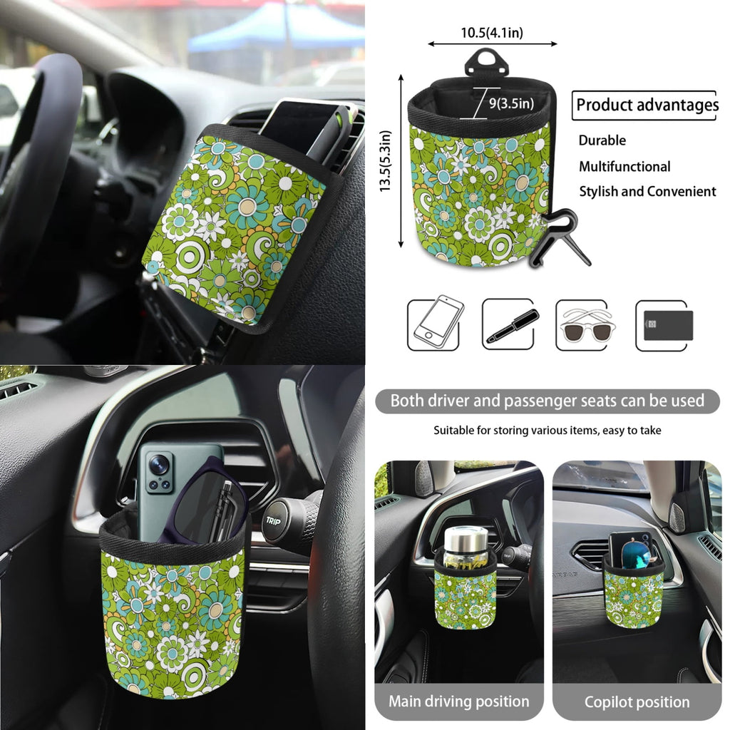 Renewold Hippie Flower Green Cyan Car Seat Cover Full Set 15 PCS, with Steering Wheel Cover Seat Belt Strap Pad Trash Bag Mount Phone Holder Rearview Mirror Accessories Cup Holder Keychain