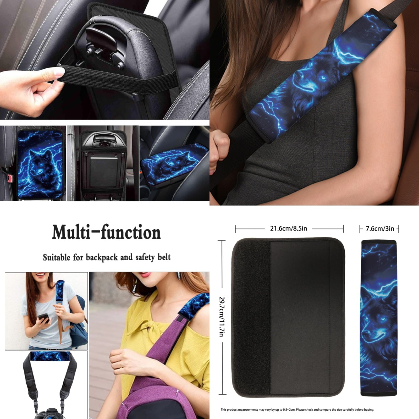 Yuyamidu Blue Wolf Car Seat Cover Full Set of 13 Fashion Auto Steering Wheel Cover Seatbelt Pads Armrest Cushion Coasters Key Chain Auto Interior Sets