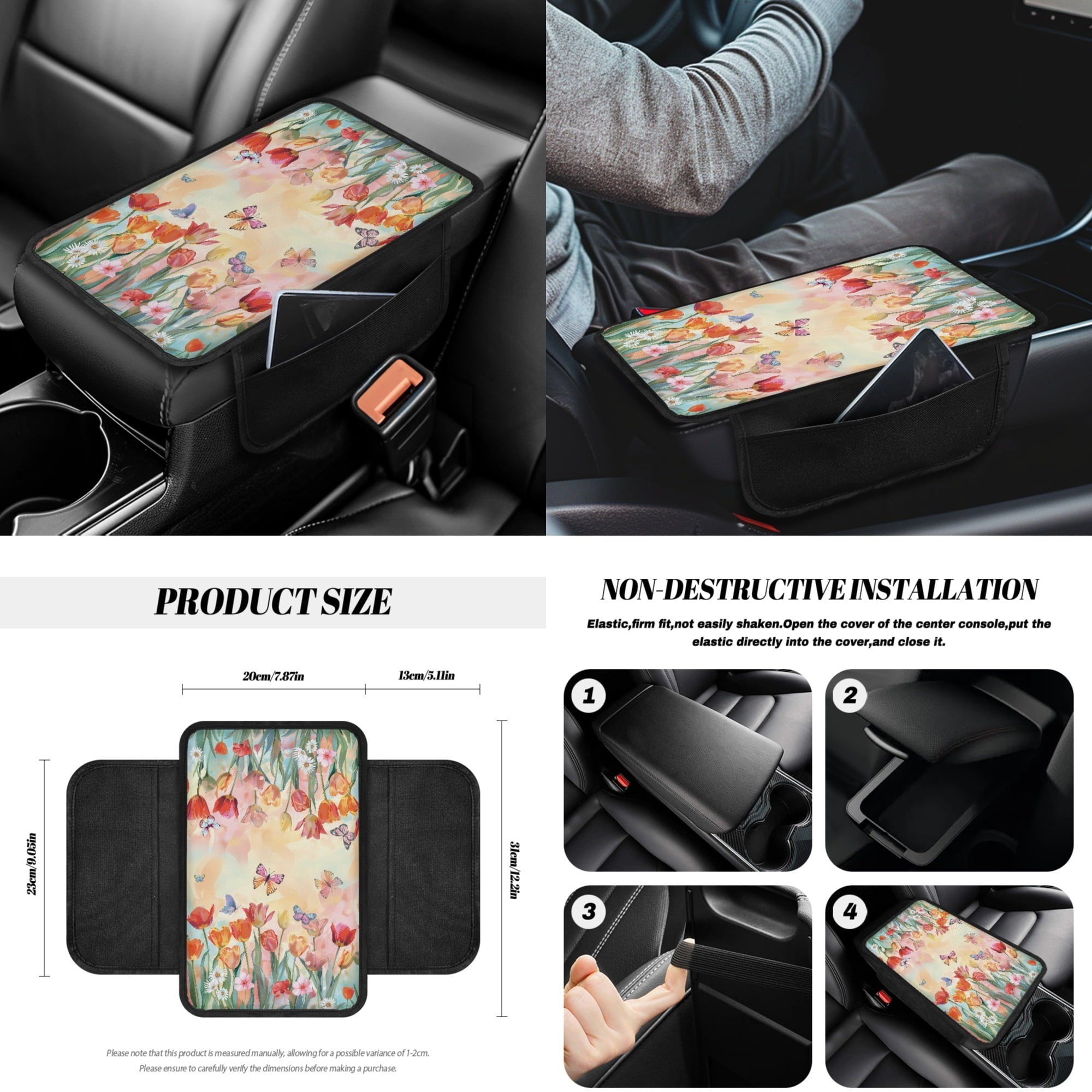 Yuyamidu Tulip Car Seat Covers Set with Steering Wheel Cover Seat Belt Covers Trash Bin Rear View Mirror Cover Butterfly Car Armrest Cover Cushion Coasters Gear Shift Knob Cover for Women, 14 PCS