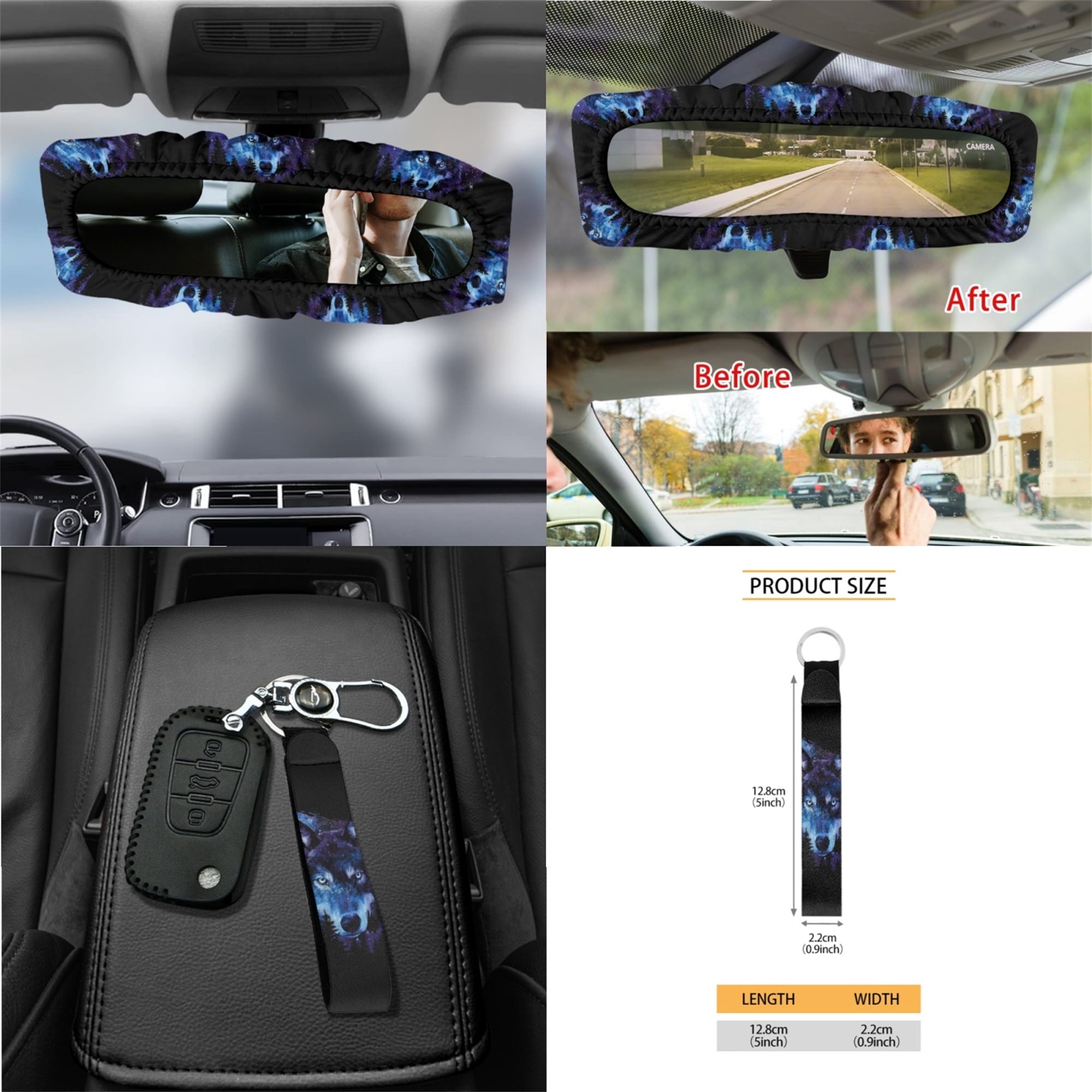 Jeiento Galaxy Wolf 15 PCS Car Seat Cover Full Set with Steering Wheel Cover Seat Belt Strap Cover Trash Cans Rear View Mirror Cover Cup Coaster Keychain Air Vent Storage Bag Car Decor