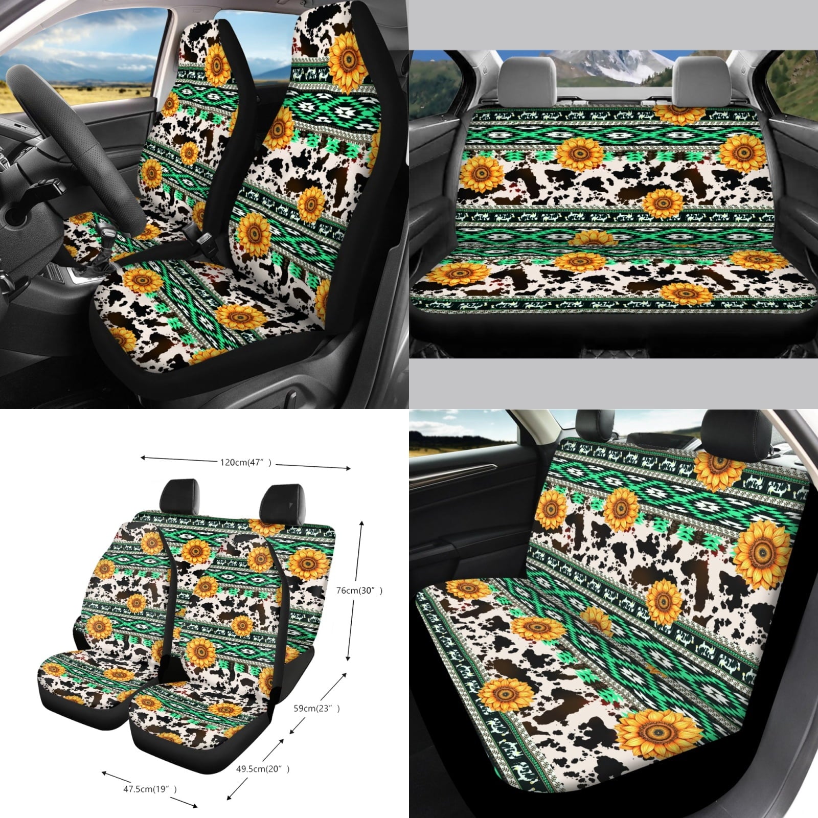 Xoenoiee American Sunflower Cow Print Car Seat Cover for Women Men, with Steering Wheel Cover Seat Belt Strap Pad Trash Bag Mount Phone Holder Rearview Mirror Accessory Cup Holder Key Chain, 15 PCS