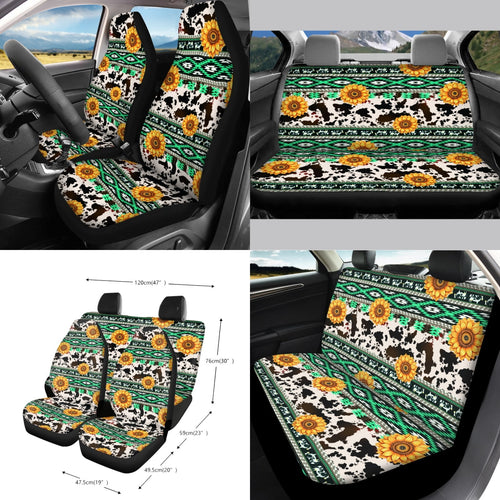 Xoenoiee American Sunflower Cow Print Car Seat Cover for Women Men, with Steering Wheel Cover Seat Belt Strap Pad Trash Bag Mount Phone Holder Rearview Mirror Accessory Cup Holder Key Chain, 15 PCS
