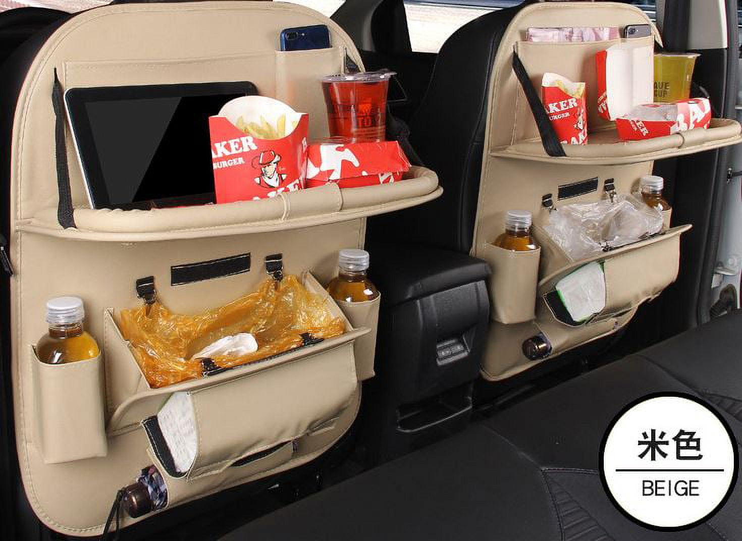 AmericanBeyond Universal Durable Oxford Fabric Car Backseat Organizers with Foldable Tray & Garbage Zone 2 Pack (beige)