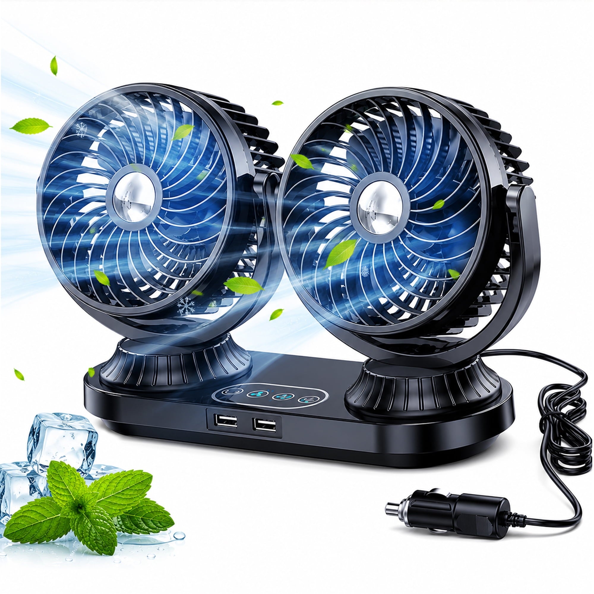 Car Cooling Fan, Dual Head Auto Oscillating Car Cooling Fan for Dashboard, DC 12V/24V Cigarette Lighter Powered 3 Speeds Vehicle Fan, Comes with 2 USB Charging Ports for Sedan Suv Rv Van Truck