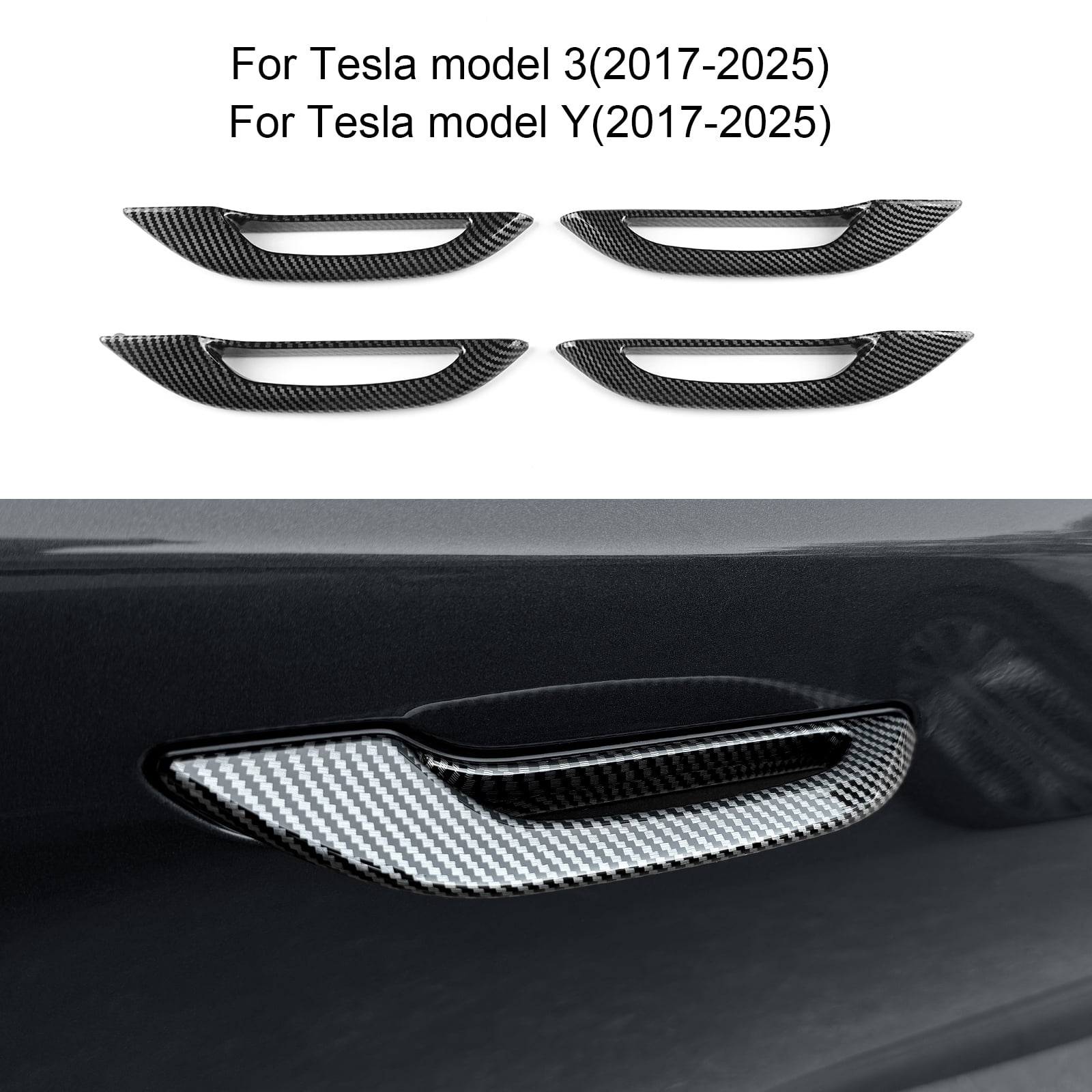 Car Door Handle Cover ABS Material for 2017-2025 Tesla Model 3 & Model Y Automotive Exterior Accessories 4pcs, Carbon Fiber Pattern