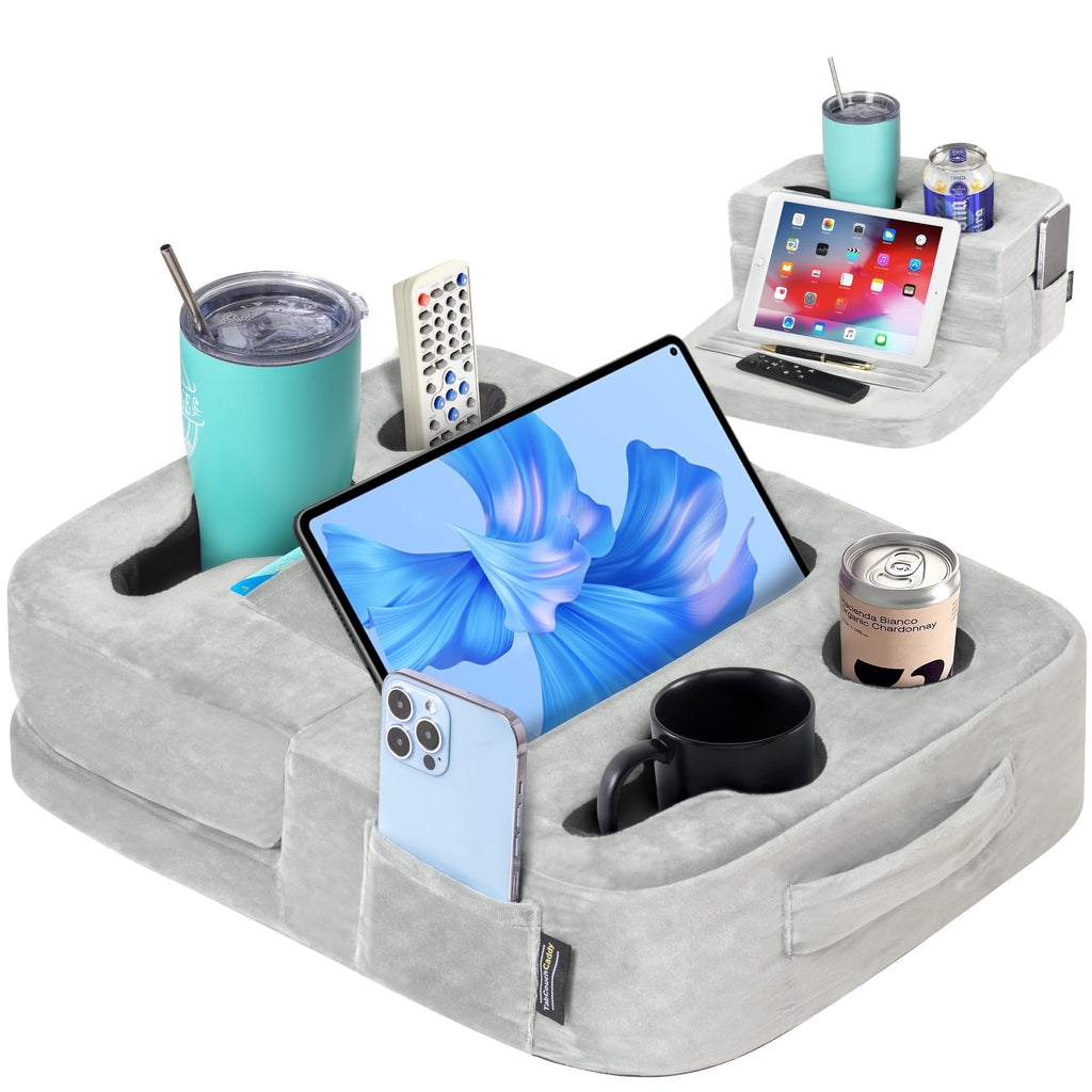 Couch Cup Holder Tray & Tablet Pillow Stand - Bed, Couch Caddy, Sofa - Holds Drinks, Snacks, Remotes, Phones, Tablet | Bed Cup Holder (Grey)