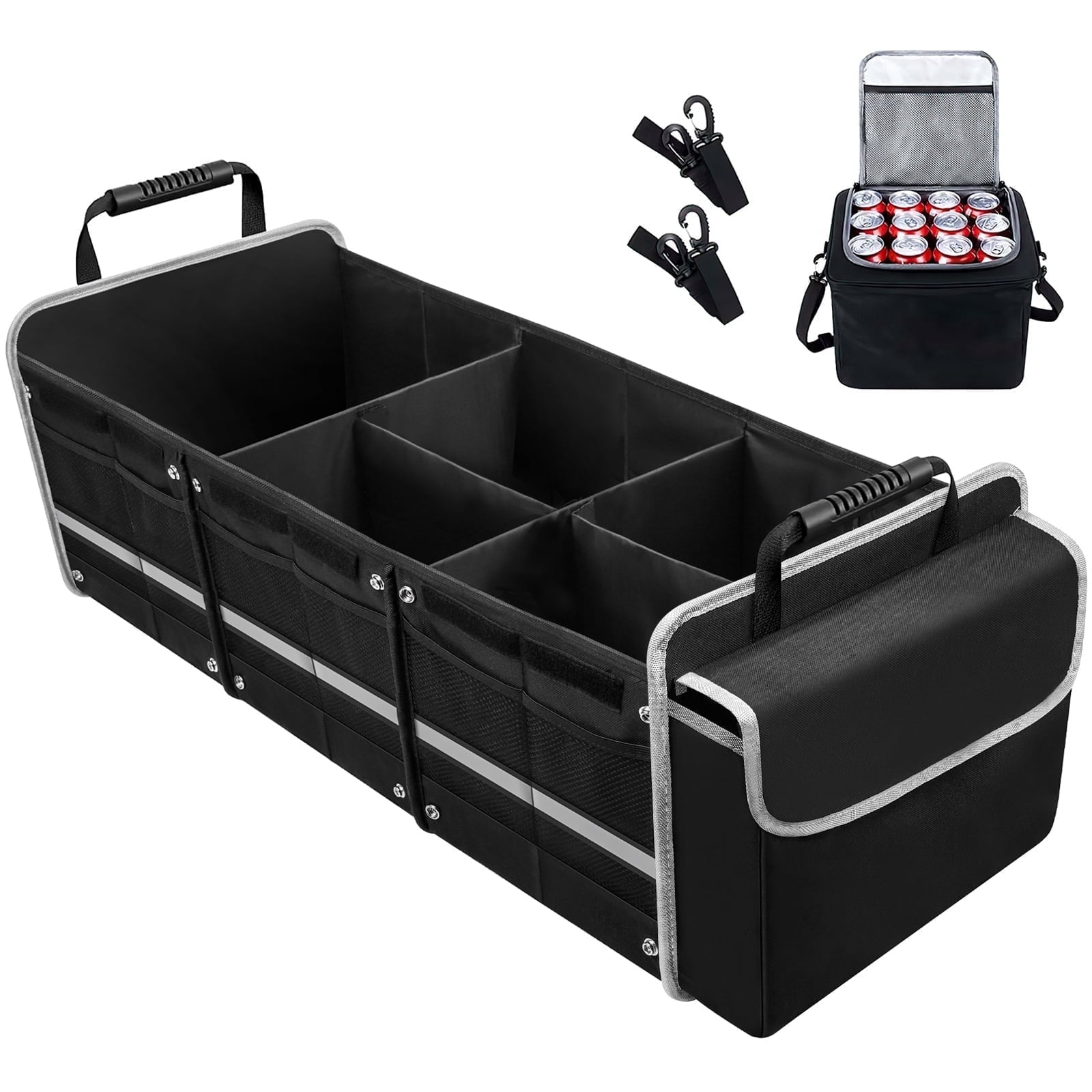 Cshidworld Car Trunk Storage Organizer, 4 in 1 Multi Compartment Collapsible Trunk Storage Box with Leakproof Insulated Cooler Bag for Car Truck SUV