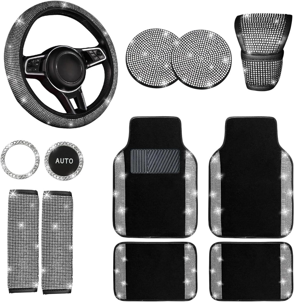 DEA 12 Pcs Bling Car Accessories Set for Women Car Floor Mats Full Set Steering Wheel Cover Seat Belt Covers Coasters Universal Fit Car SUV Truck Van Silver