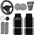 DEA 12 Pcs Bling Car Accessories Set for Women Car Floor Mats Full Set Steering Wheel Cover Seat Belt Covers Coasters Universal Fit Car SUV Truck Van Silver