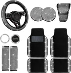 DEA 12 Pcs Bling Car Accessories Set for Women Car Floor Mats Full Set Steering Wheel Cover Seat Belt Covers Coasters Universal Fit Car SUV Truck Van Silver