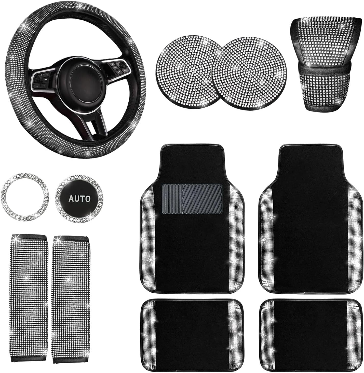 DEA 12 Pcs Bling Car Accessories Set for Women Car Floor Mats Full Set Steering Wheel Cover Seat Belt Covers Coasters Universal Fit Car SUV Truck Van Silver