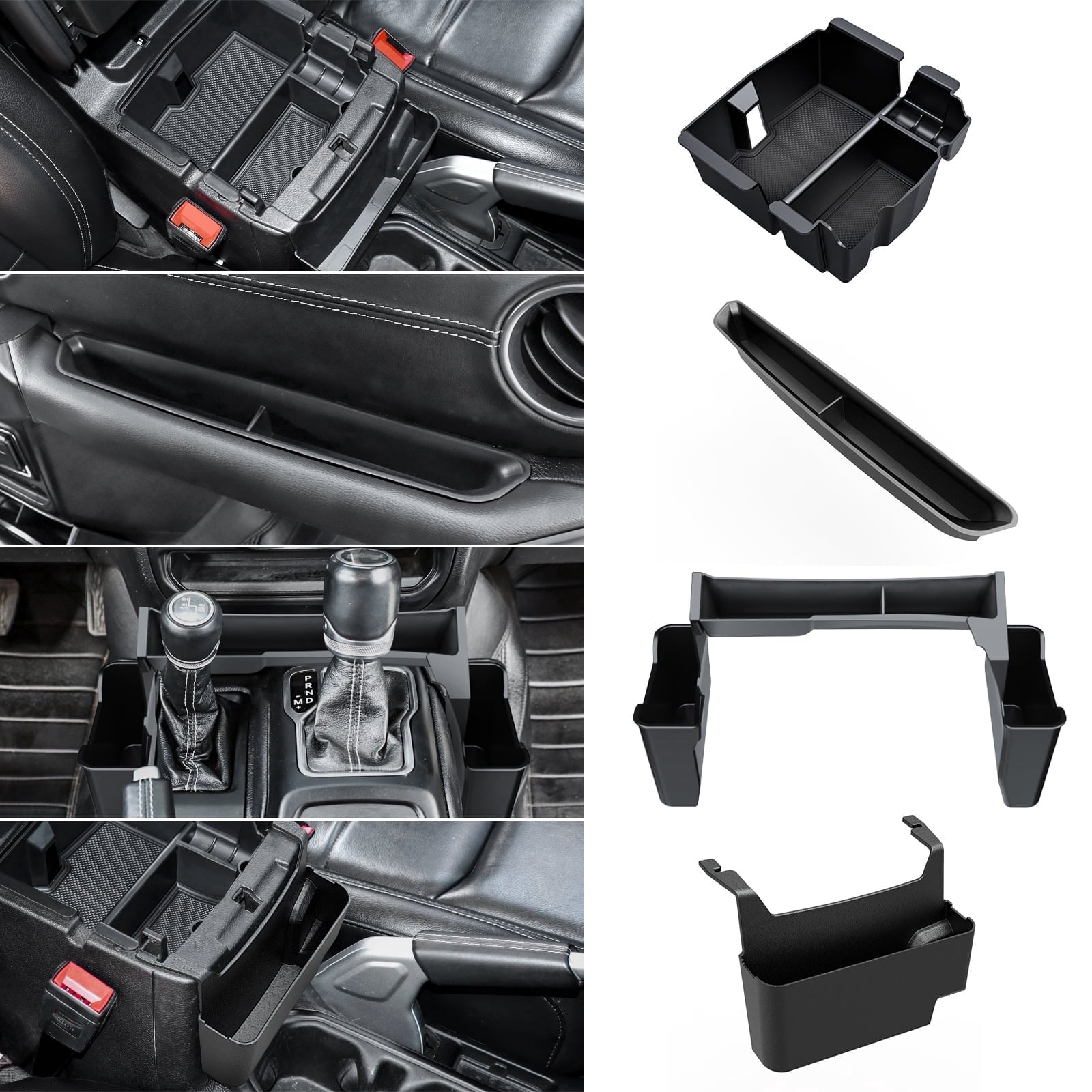 DIAMOOKY 4 Pack Center Console Organizer for Jeep Wrangler JL JLU 4xe 2018-2026 & Gladiator JT 2020-2026 Accessories Gear Shift Side Tray Hanging Armrest Storage Box (Not for JK/JKU)