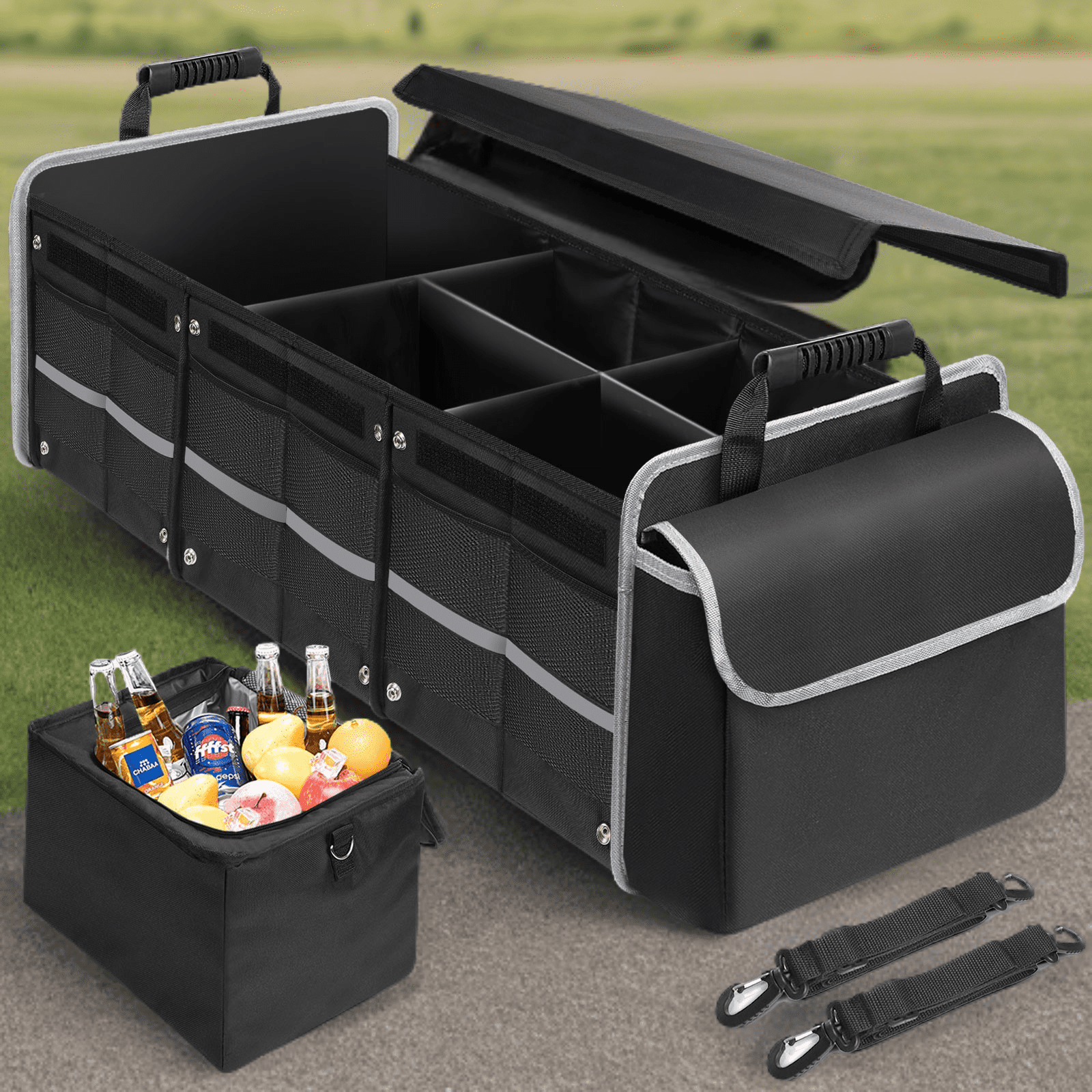 DONGPAI Large Car Trunk Organizer with Insulated Leakproof Cooler, Collapsible Waterproof Car Organizer with Non Slip Bottom Strips for Vehicle Sedan, Suv, Truck,Van