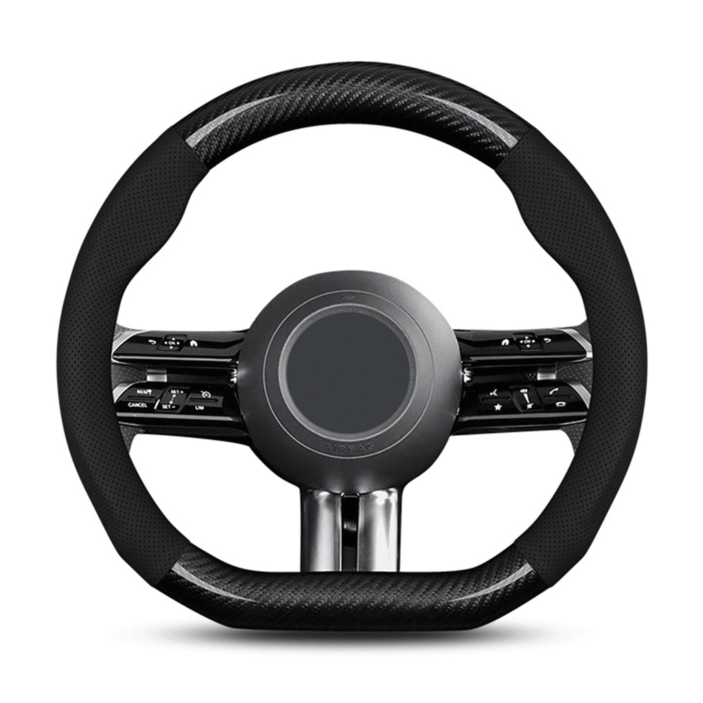 Flat Bottom Steering Wheel Cover, D Shaped Car Wheel Cover 14-14 1/4 in. (35.5-36 cm), for Tesla Model 3 / Y, for Camaro, Black Breathable Leather with Carbon Fiber Pattern