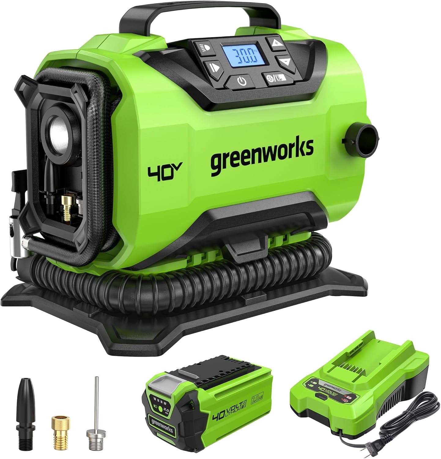 Greenworks 40V Cordless Tire Inflator, 160 PSI Portable Air Compressor, 2 Power Sources, Auto Shut Off, for Car, Bicycle, Motorcycle, Inflatables with 2.0 Ah USB (Power Bank) Battery & Charger