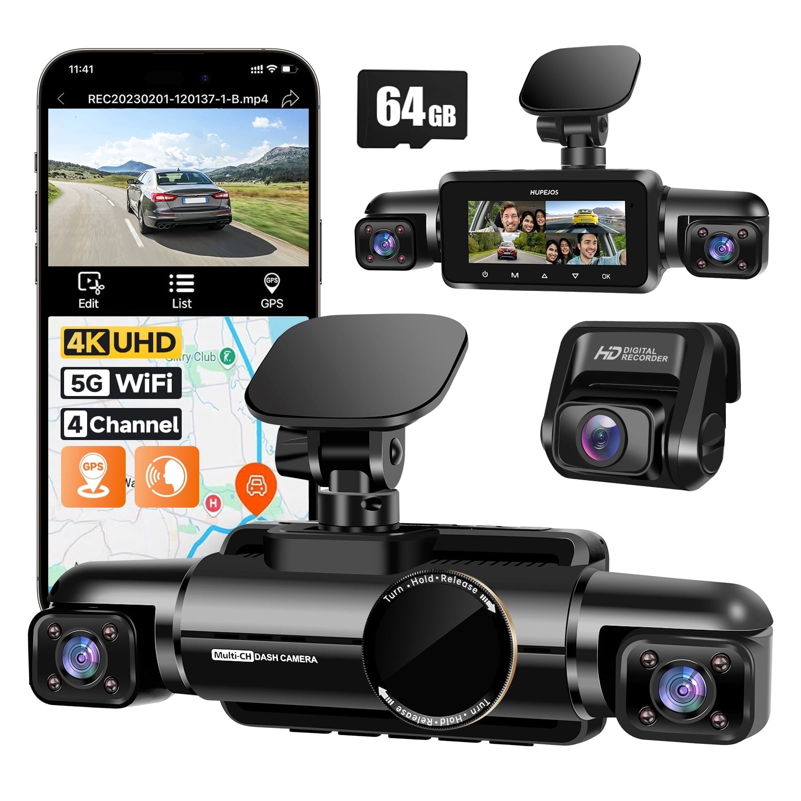 HUPEJOS 4K Dash Cam Front and Rear Inside,8 IR Lamps Night Vision Dash Camera for Cars, 360° 4 Channel 3K+1080P*3 Car Camera, 5GHz Wi-Fi GPS Module, Include 64GB SD Card, Voice Control