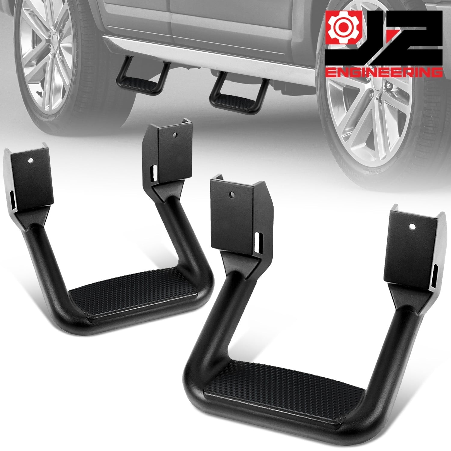 J2 Engineering 2pc Black Powder Coated Cast Aluminum Non-Slip Hoop Side Assit Pickup Step Bar