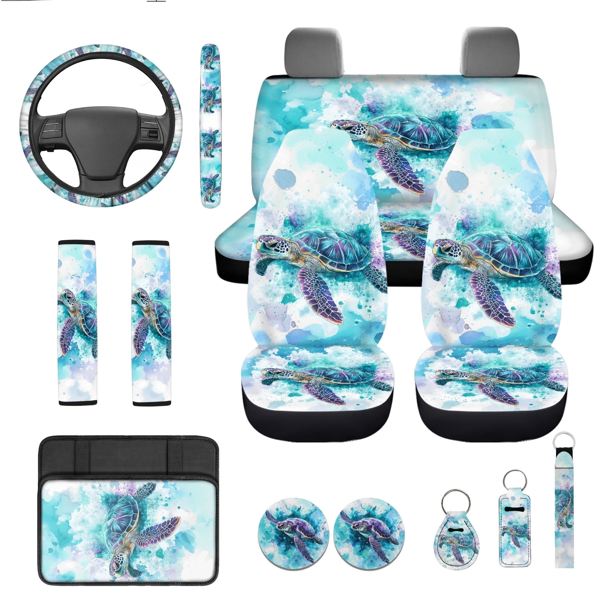 Jeiento 13 PCS Car Seat Cover Full Set, with Steering Wheel Cover Seat Belt Strap Cover Armrest Cushion Cup Coaster Keychain Lipstick Holder Watercolor Sea Turtle Auto Decor Fit for SUV Van Sedan