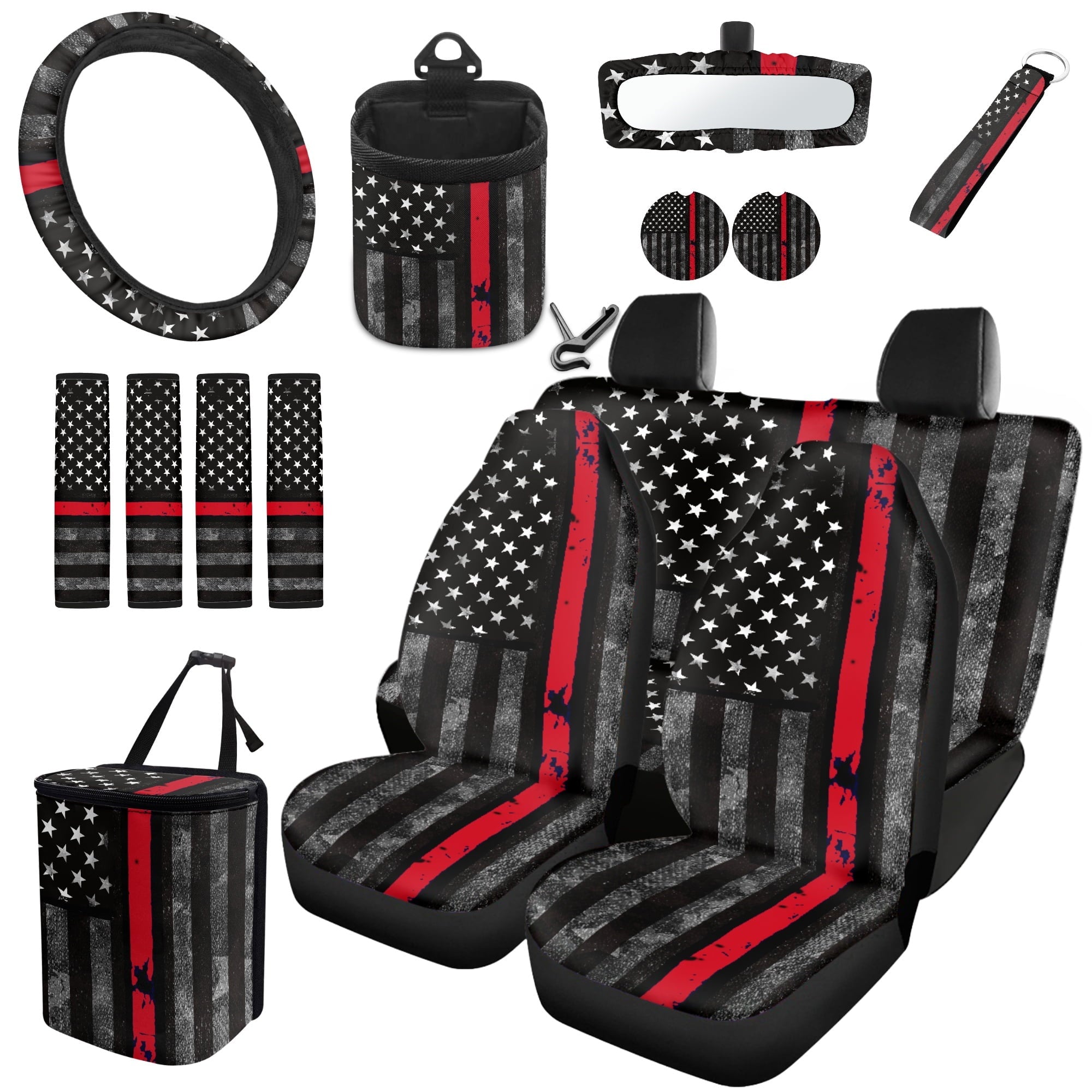 Jeiento American Honoring Firefighter Flags Car Seat Cover with Steering Wheel Seatbelt Pad Trash Bin Air Vent Storage Holder Rear View Mirror Cover Cup Holders Keychain for Car Decor