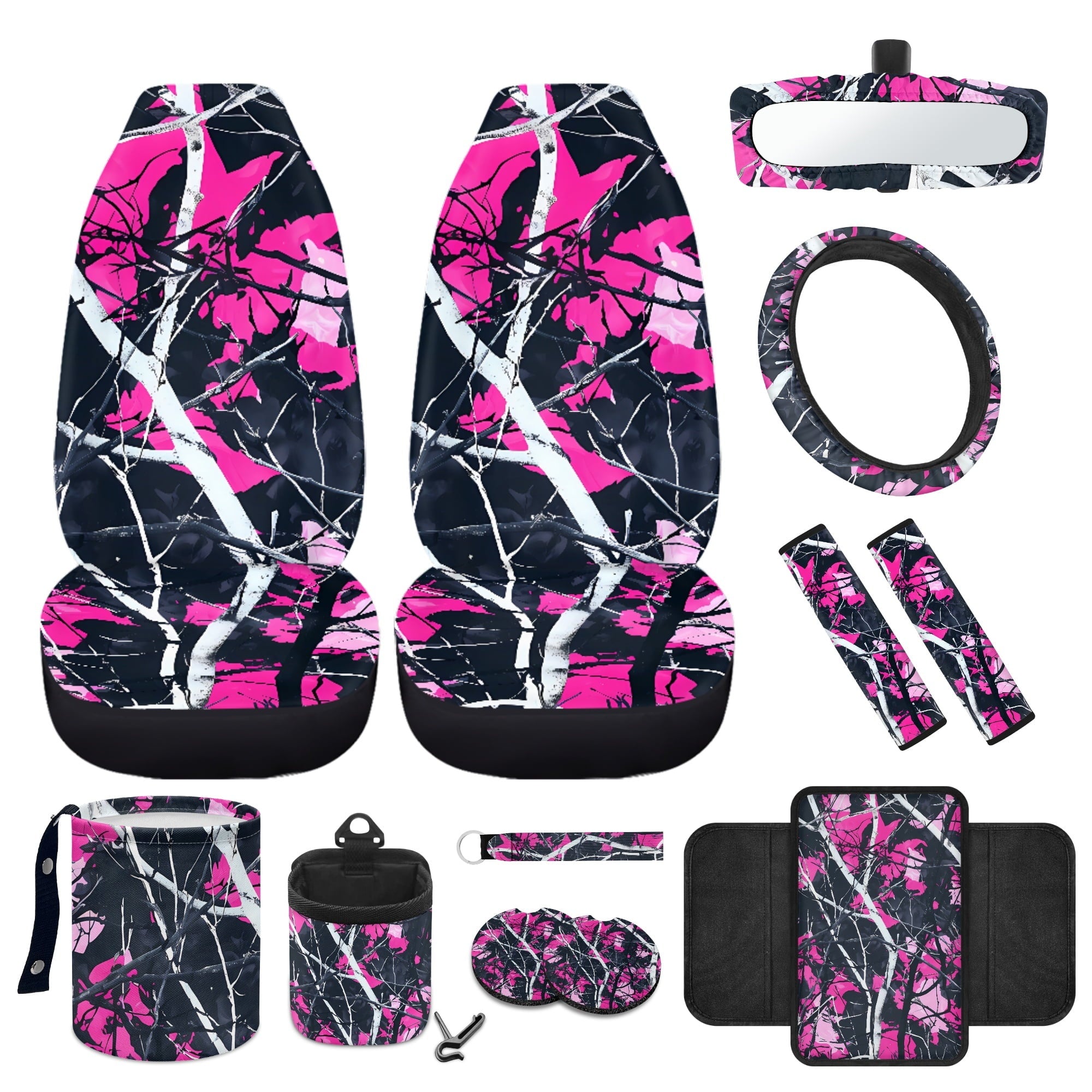 Jeiento Camo Hunting Front Car Seat Cover Full Set 12 PCS with Steering Wheel Cover Seatbelt Pad Armrest Pad Coasters Garbage Bins Rear View Mirror Cover Keychain Air Vent Storage Pouch Pink